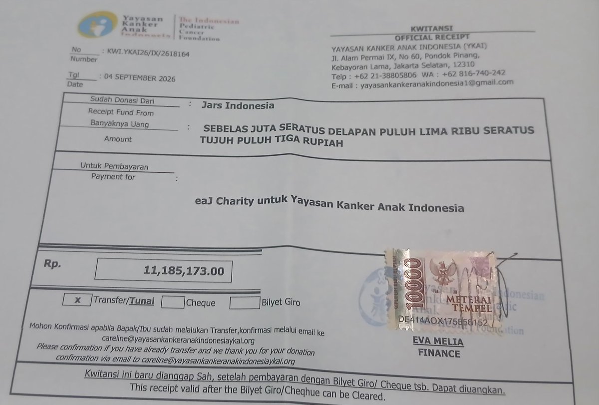 sappheirosteam's tweet photo. Sertifikat dari Yayasan kanker anak Indonesia atas nama Jars, bantuan barang, kwitansi donasi tunai dan ucapan selamat ulang tahun untuk eaJ (@eaJPark) dan Jars.
Terima kasih untuk semua Jars dan orang baik yang telah mewujudkan kebaikan dihari ulang tahun eaJ.

Setiap anak dengan kanker berhak mendapatkan pengobatan dan perawatan yang layak.

—Jars Indonesia & SappheirosTeam.

#eaJPark #eaJCharity #TheChapter34OfeaJ