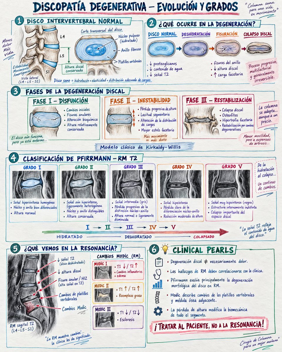 sindesmofito's tweet photo. La discopatía degenerativa no es un diagnóstico aislado: es un proceso progresivo que incluye deshidratación, fisuración, pérdida de altura discal y cambios biomecánicos.
En esta lámina resumo:
• Fases de Kirkaldy-Willis
• Clasificación de Pfirrmann
• Cambios Modic https://t.co/kurKgcXj1h