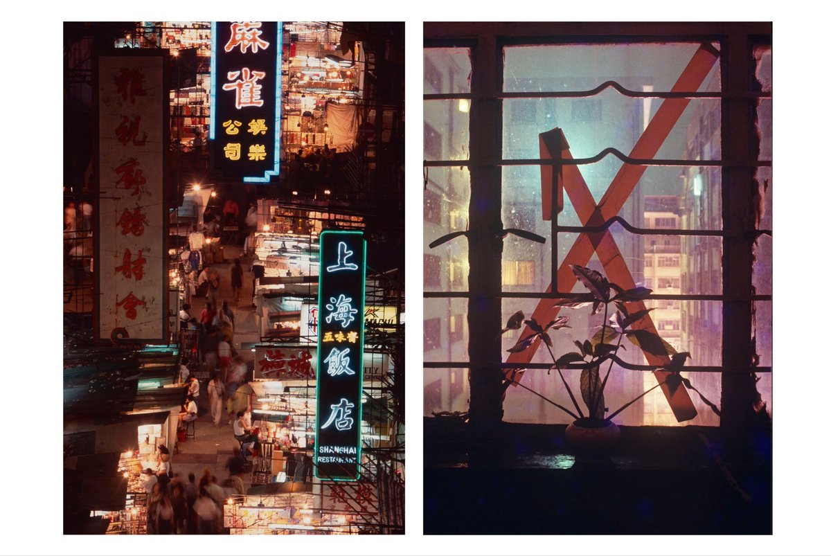 gregforaday's tweet photo. Hong Kong scenes, 1983-1985.

From “HK:PM. Hong Kong Night Life 1974-1989” (plus an out-take or two).

Books available via link in bio. Signed on request. Shipping worldwide.

https://t.co/fcCHtVXXRf

1. Evening tram, 1983.
2. Temple Street and hotel window. 1985/1983.
3. HK police post on HK-China border. Mainland couple detained when trying to cross into HK illegally. 1985. A nightly routine on the border during the mid 1980s.
4. Cantonese Opera, Peng Chau. 1983.