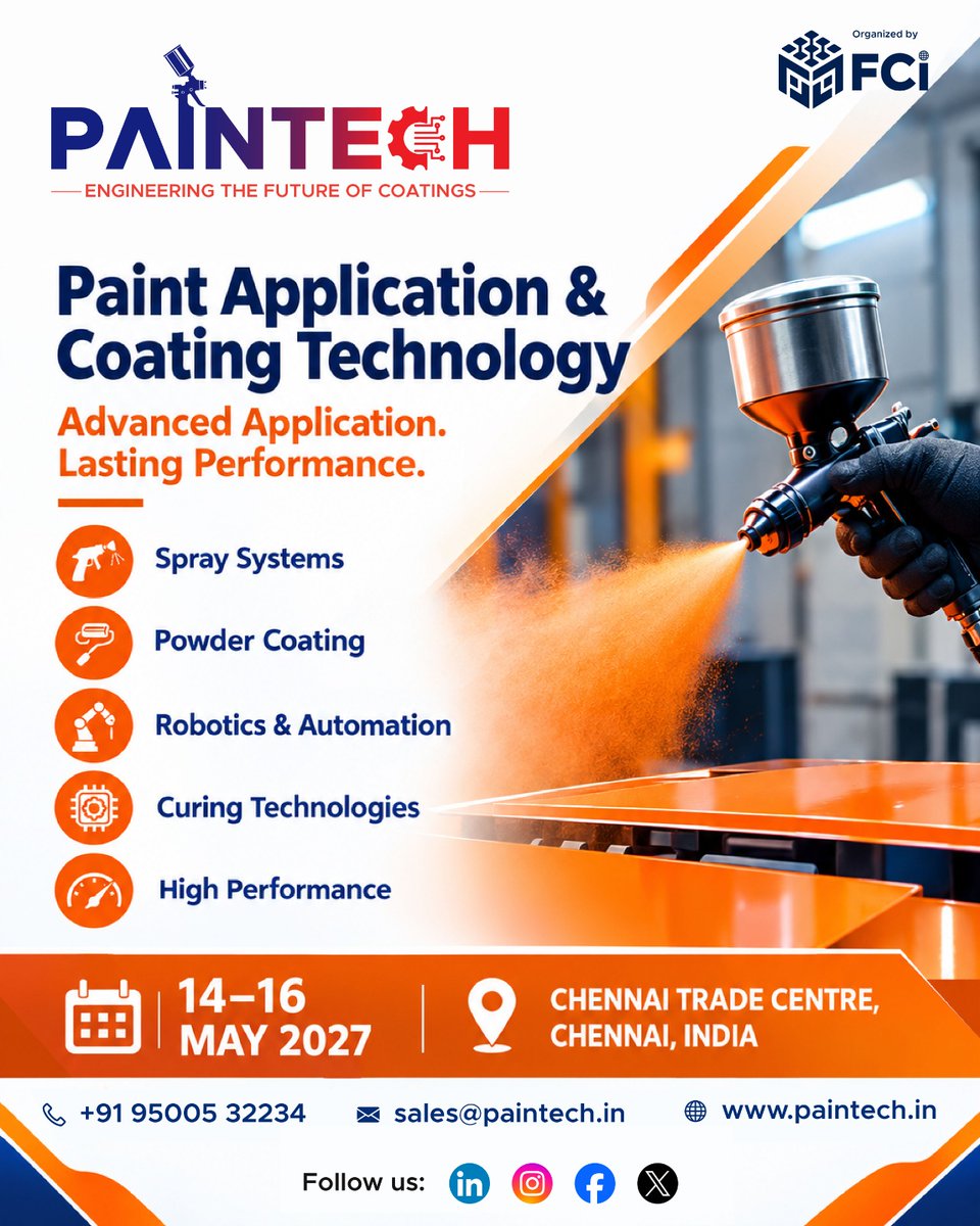 Paintechfaircon's tweet photo. 🎨 Paint Application &amp; Coating Technology – The Future is Here!

📅 14–16 May 2027
📍 Chennai Trade Centre, Chennai, India

📞 +91 95005 32234
📧 sales@paintech.in
🌐 https://t.co/MONnrF4E4E https://t.co/fDUa0Ea0J5