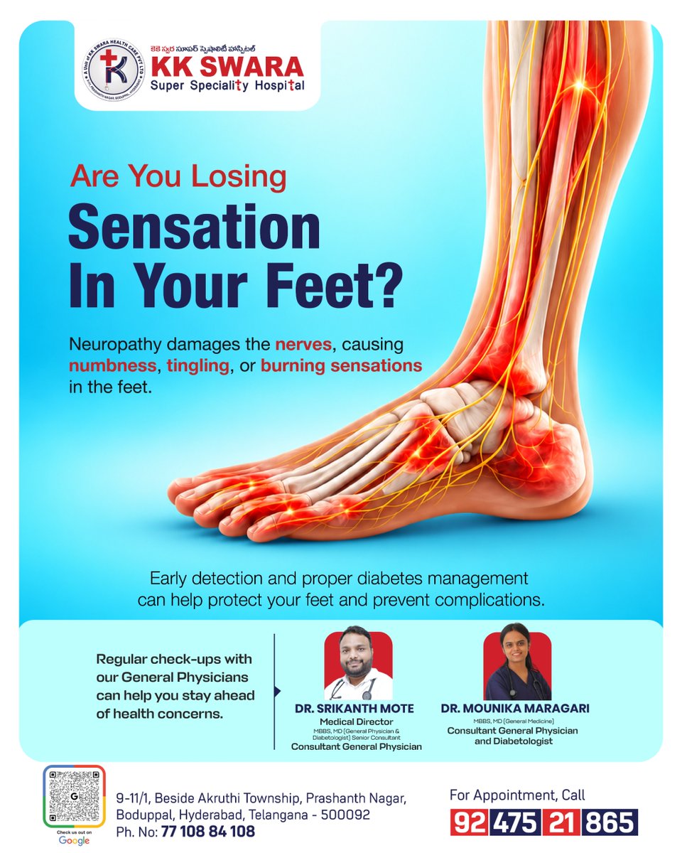 kk_swara's tweet photo. 🦶 Are you losing sensation in your feet?

Numbness, tingling or burning may be associated with diabetes, nerve problems or other conditions. Don’t ignore persistent symptoms—get them evaluated by a healthcare professional.

🏥 KK Swara Super Speciality Hospital

#FootNumbness https://t.co/1qpqQNhJPR