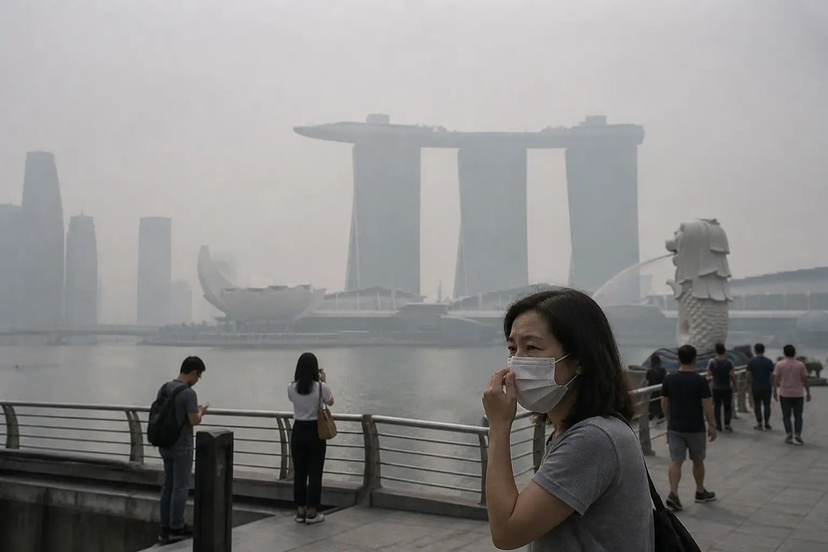 marinebharat's tweet photo. NRI Indians in Singapore 🇸🇬 are silent on this

They only wake up when Delhi breathes Toxic Air

Singapore breathing toxic air since last 5 days due to Forest Fires in neighbouring countries

Pic Source - Dumpling News https://t.co/yC6WxIdjhb