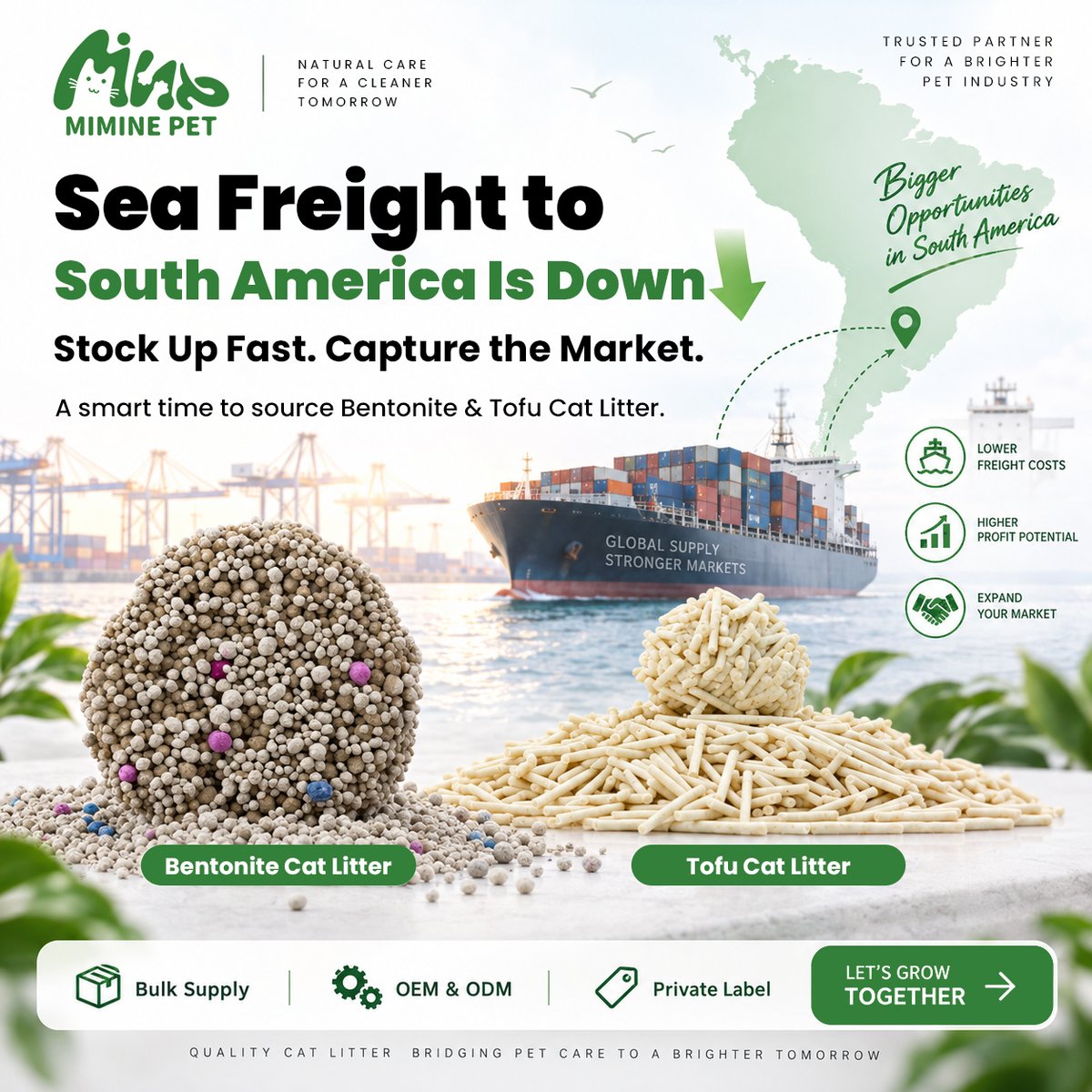 Miminecatlitter's tweet photo. Sea freight to South America is down — a good time to restock, control landed costs and capture market opportunities.
Mimine Pet supplies Bentonite & Tofu Cat Litter with OEM/ODM, private label and bulk supply.
📩 sale@miminecatlitter.com
🌐 https://t.co/WfcyxBPpeB
#CatLitter https://t.co/TJp0TcEKY0