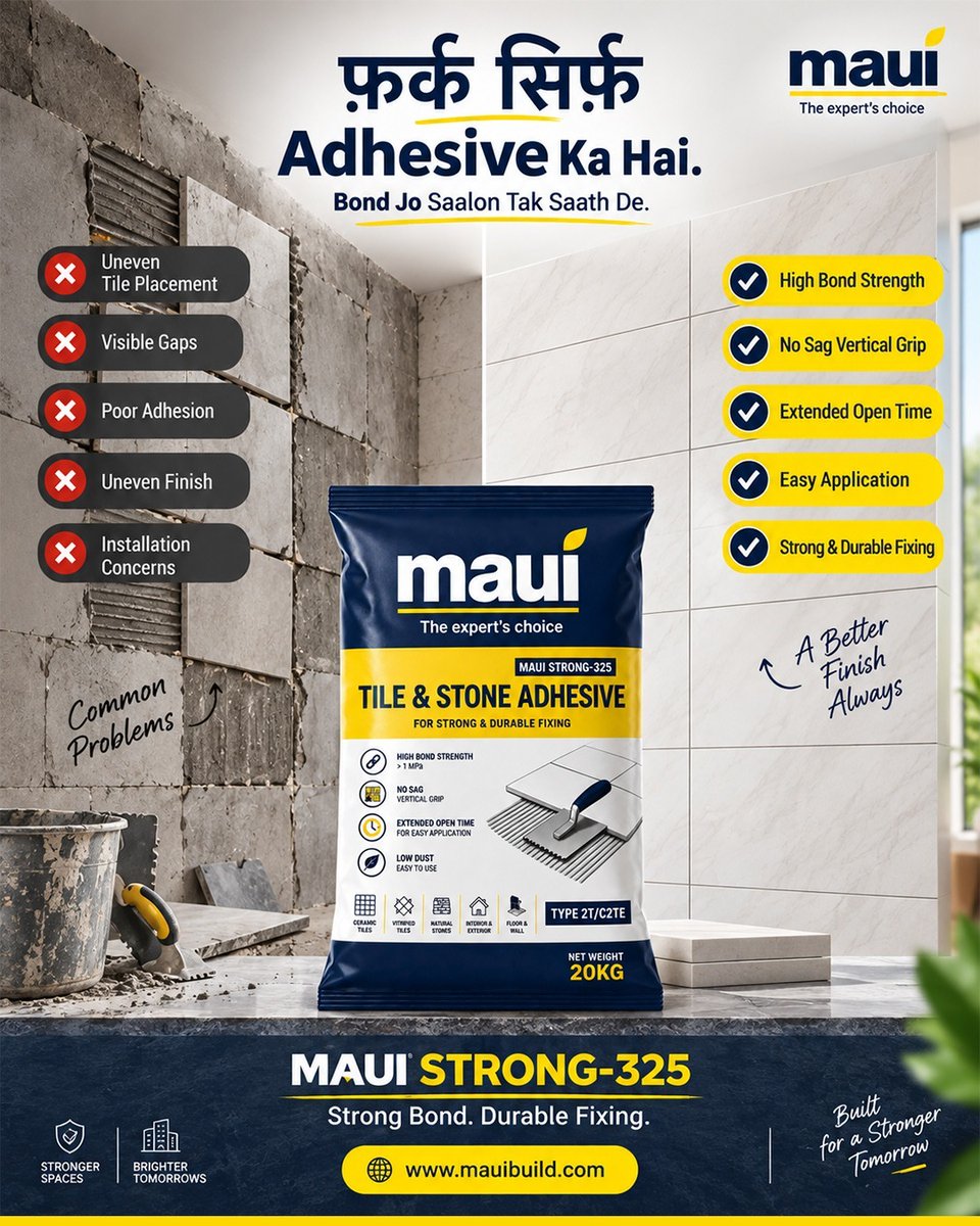 Mauibuild's tweet photo. Strong bond. Durable fixing. Better finish.

Choose MAUI STRONG-325 Tile &amp; Stone Adhesive for high bond strength, no-sag grip and easy application.

Visit: https://t.co/0F6NlFQbU1

#MauiBuild #TileAdhesive #StoneAdhesive #StrongBond #DurableFixing https://t.co/g2c41AYv7I