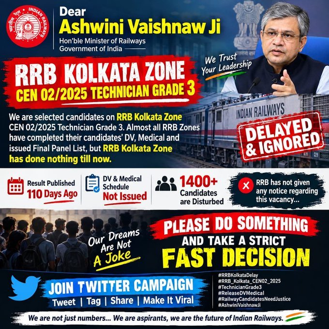 imshashiagrahri's tweet photo. Rrb kolkata shortly release cen 02/2025 full dv&amp;me schedule please 
#RRB_Kolkata_Release_Full_DV_Schedule_CEN02_2025
@rrbkolkata @ChairmanRRB @RailwaySeva @AshwiniVaishnaw @RailMinIndia @PMOIndia @RailwayBoard https://t.co/wJLQNa6Tej