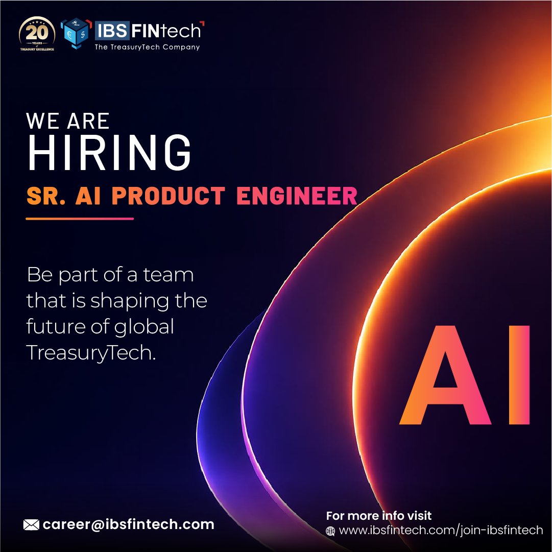 IbsfintechIndia's tweet photo. We're hiring:Sr. AI Product Engineer.Join a team who think differently. At IBSFINtech your ideas don't sit in meetings.They move into action.They create impact you can measure. https://t.co/rWFyv9kOw6 #TreasuryTech #naukri #Jobs #Digitization https://t.co/AVt8Qvgx9J
