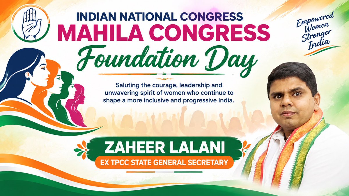 ZaheerLalani's tweet photo. On the occasion of Mahila Congress Foundation Day, I salute the courage, leadership and unwavering spirit of women who continue to strengthen our democracy and shape a more inclusive and progressive India. 🇮🇳🌸

#MahilaCongress 

@RahulGandhi @revanth_anumula @Bhatti_Mallu @Bmaheshgoud6666 @UttamINC 

 Best Wishes
*ZAHEER LALANI*
ex TPCC STATE GENERAL SECRETARY