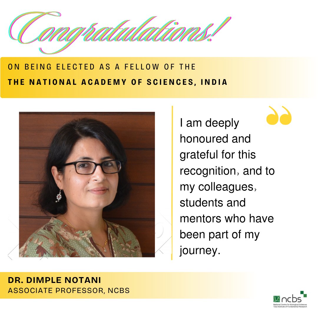 NCBS_Bangalore's tweet photo. 🏆 Congratulations to Dr. Dimple Notani! @DimpleNotani on being elected as a Fellow of the
 The National Academy of Sciences, India. https://t.co/jhaViEtbES