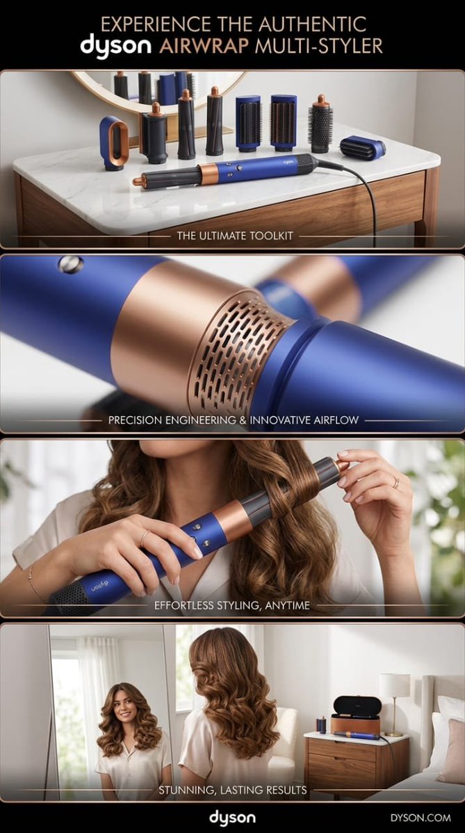 Urwa_345's tweet photo. Style without the extra effort. ✨

Prompt 👇

Create a cinematic 8-second premium advertisement for the authentic Dyson Airwrap multi-styler, vertical 9:16 format.

0–2 sec: Slow camera push-in toward the Dyson Airwrap and its attachments arranged beautifully on a luxury vanity.

2–4 sec: Macro shot gliding around the Airwrap barrel, highlighting its premium design and airflow openings.

4–7 sec: Smooth transition to a person styling their hair with the Airwrap, showing only hands and hair, natural flowing movement and realistic hair motion.

7–9 sec: Reveal the finished hairstyle with a subtle cinematic camera movement around the styled hair.

9–10 sec: Final hero shot of the Dyson Airwrap and attachments on the vanity, soft premium lighting and elegant reflections.

Photorealistic beauty commercial, realistic hair movement, premium product photography, cinematic depth of field, smooth transitions, authentic product design, polished luxury advertising aesthetic, no text overlays, no watermark.