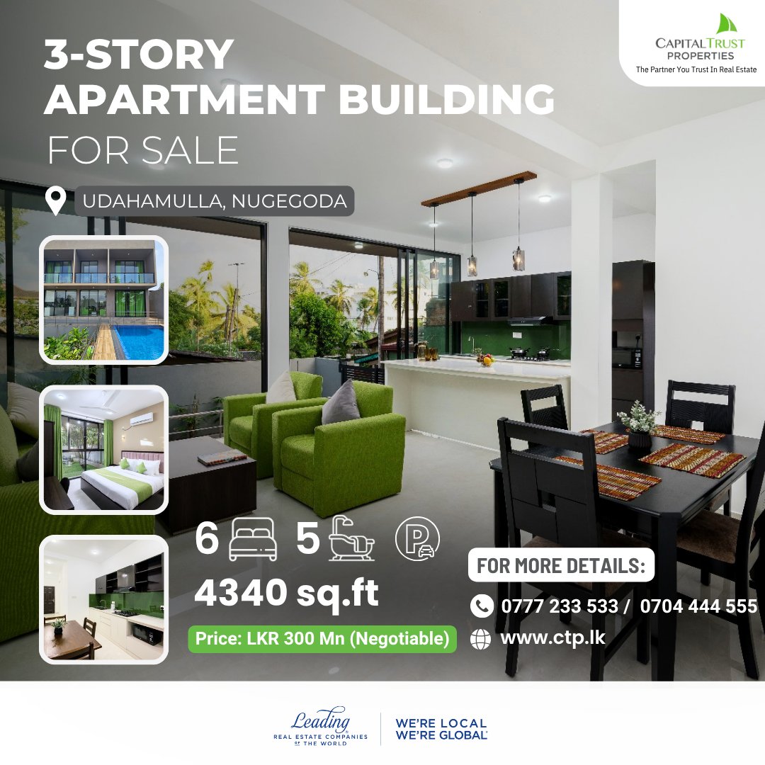 CTP_SriLanka's tweet photo. A fully furnished 3 story apartment building is now available for sale in Udahamulla, Nugegoda. 
The property offers:

* 6 Bedrooms
* 5 Bathrooms

Price: LKR 300 Mn (Negotiable) 

 contact Capital Trust Properties:
📞 0777 233 533 / 0704 444 555
🌐 https://t.co/leWRUbyKRt https://t.co/PZvqvSIqpo