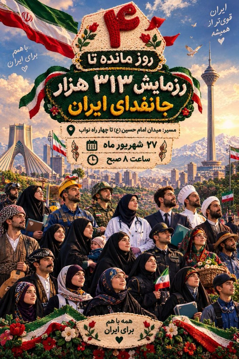 AmirAligh110135's tweet photo. حضور اقشار مردم، یعنی ایران زنده است!

کارگر، دانشجو، معلم، پزشک، راننده تاکسی، فروشنده، کارمند، ورزشکار...
پیر و جوان، زن و مرد، چادری و کم‌حجاب.

همه با هم، یکصدا ❤️

📅 جمعه ۲۷ شهریور، ساعت ۸ صبح
📍 میدان امام حسین تا نواب

#رزمایش_313هزار_جانفدای_ایران https://t.co/74S9qFLD9a