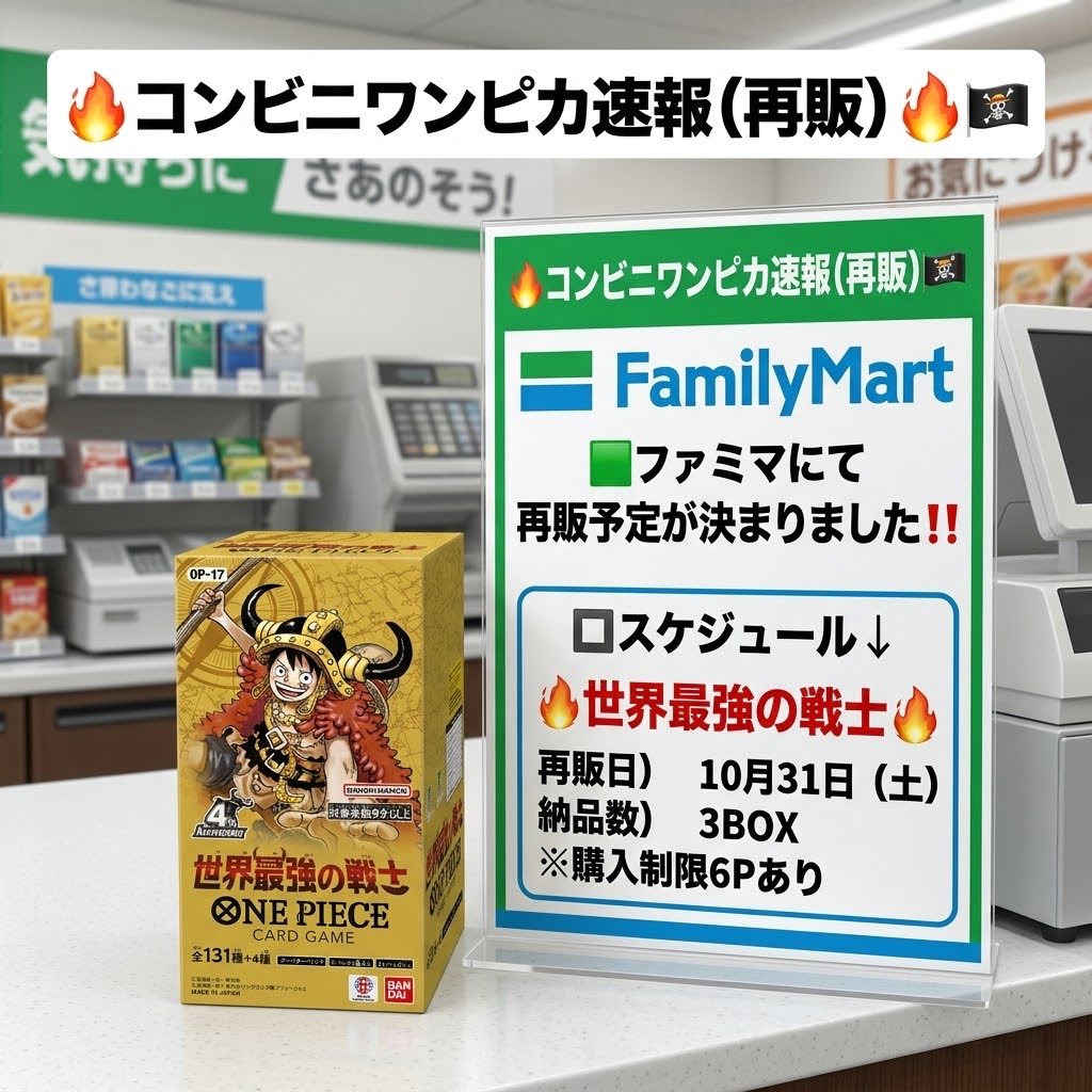 shihandai_tcg0's tweet photo. 🔥コンビニワンピカ速報（再販）🔥🏴‍☠️

🟩ファミマにて
再販予定が決まりました⁉️

◽️スケジュール↓

🔥世界最強の戦士🔥

再販日）　10月31日（土）
納品数）　3BOX
※購入制限6Pあり

まさかの
◽️ Heroines Edition vol.2【EB-05】
の発売日と被せてくるのエグいな💫 https://t.co/atBJNqp32j