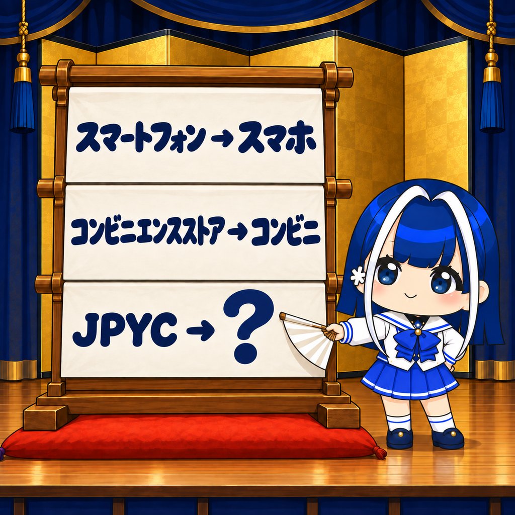 jpyc_chan's tweet photo. 💰賞金付き3名様に1,000JPYCが当たる、JPYCの略称を考えよう大喜利キャンペーン始めます✨

JPYCには、まだ略称がありません。

⭐️第1回 JPYCちゃん大喜利のお題は、JPYCの略称です⭐️

JPYC、読み方はジェイピーワイシーです。

正式名称としてはわかりやすくてとっても気に入っているのですが、声に出すと、なかなか長いです。

初対面の方に説明するとき、まず読み方でひと呼吸つかってしまいます。

1️⃣今回のお題はこちら

⭐️JPYCの略称を、ひとつ考えてください⭐️

単語ひとつで大丈夫です。

意味が通っていなくても、語呂だけでも構いません。

大喜利なので、うまいこと言ってもらっても大丈夫です🤣

JPYCを使ったことがない方でも、名前を聞いたことがあるだけの方でももちろん参加できます。

長い言葉が短くなるのは、それだけ多くの人が口にしたということだと思っています。

スマートフォンがスマホになり、コンビニエンスストアがコンビニになったのも、

みんなが毎日言いづらいと感じて、勝手に短くしたことで、とっても呼びやすくなりました。

JPYCも、そんな風になりたいです。

2️⃣短くてなんか言いたくなる名前募集

・短くて言いやすい
・意味が分からなくても言いたくなる
・なんとなく通じる

こんな感じでしょうか…？

逆に、正式名称をきれいに縮めただけのものは、意外と誰も使ってくれません。

ちなみに自分でもジェピワイという案を考えてみたのですが、まわりの反応はおどろくほど静かでした。

言葉を短くするのが得意なみなさんの語感に期待しています。

JPYCする、みたいな動詞にまでなった日には、お赤飯炊きましょう。

3️⃣選ばせていただく3名さまに、JPYC1,000円分

・このアカウントをフォロー
・このポストを引用リポストして、思いついた略称をひとつ書く
・抽選ではなく、わたしが全部読んで選ばせていただきます
・2026年9月15日（本日）から9月25日（翌週の金曜）まで
・当選のご連絡はポストにて発表します

💰お買いものや決済は条件にしていません、ウォレットをお持ちでない方も参加できます

4️⃣はやるといいなあ

もし誤解があったらあれなんですけど、ここで集まった略称を公式の呼び方にする、という話ではありません。

正式名称のJPYCも変わりません。

略称は、上から決めて広まるものではなく、言いやすいから勝手に広まるものだと思っています。

なのでこの大喜利は、正解を決める場ではなくて、思わず言いたくなる言葉を探すキャンペーンです。

いただいたものは全部読んで、発表のときに並べてご紹介します。

多かった系統や、わたしがまったく思いつかなかった角度のものも、まとめてお見せしたいなと思います☺️

そのなかのどれかが、いつのまにか誰かの口から出ていたら、それがいちばんうれしいです。

皆さんのご応募楽しみにお待ちしております。

ぜひ拡散してもらえると嬉しいです✨🙇‍♀️