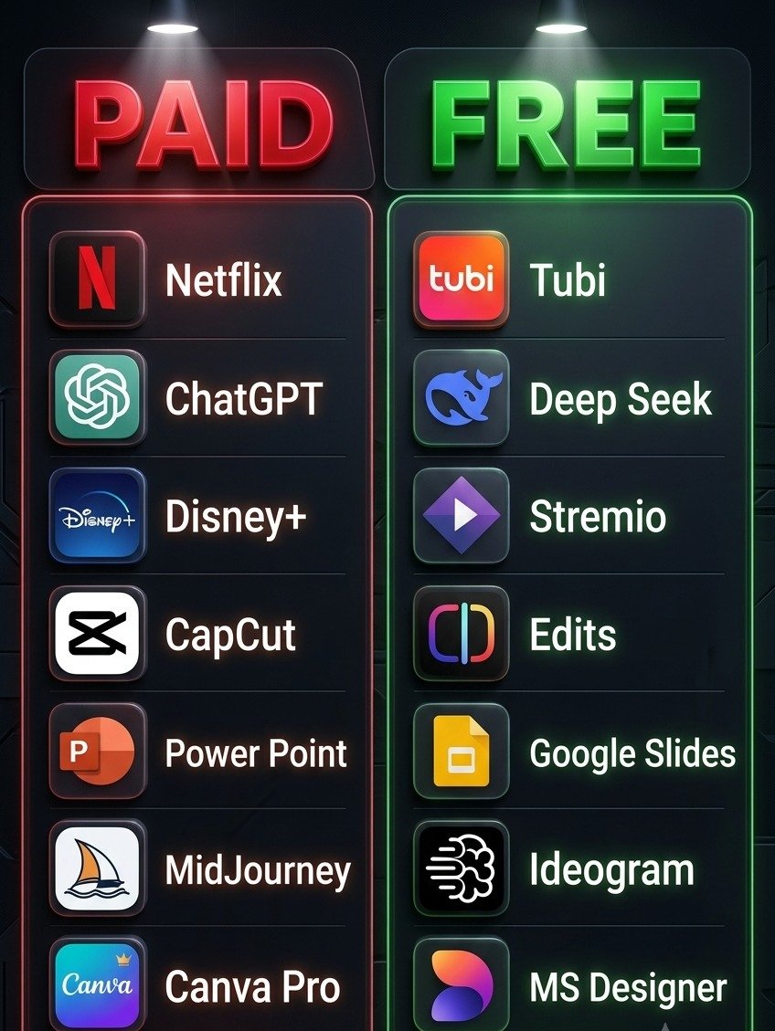 FarazAnisAi's tweet photo. 🔥 Paid vs free AI swaps:

Netflix → Tubi
ChatGPT → DeepSeek
Disney+ → Stremio
CapCut → Edits
PowerPoint → Google Slides
Midjourney → Ideogram

🔖 Save + follow @FarazAnisAi . https://t.co/KHJZgdazGz