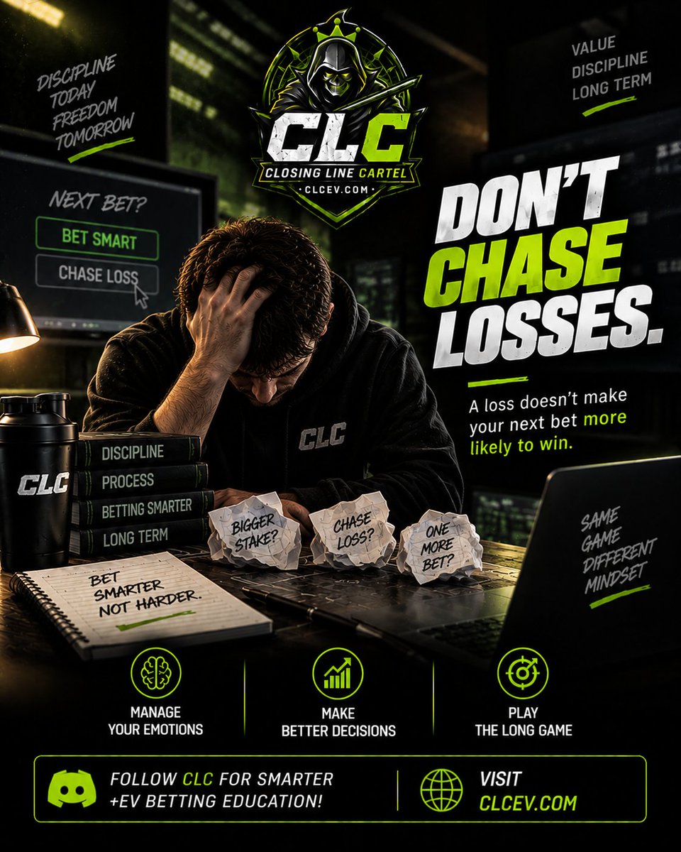 CLC_ev's tweet photo. Lost the last bet?

Don’t let it control the next one.
Chasing losses replaces strategy with emotion.
Evaluate every bet on its own value.

#BettingDiscipline #EVBetting #SportsBetting https://t.co/mG0L271H4X