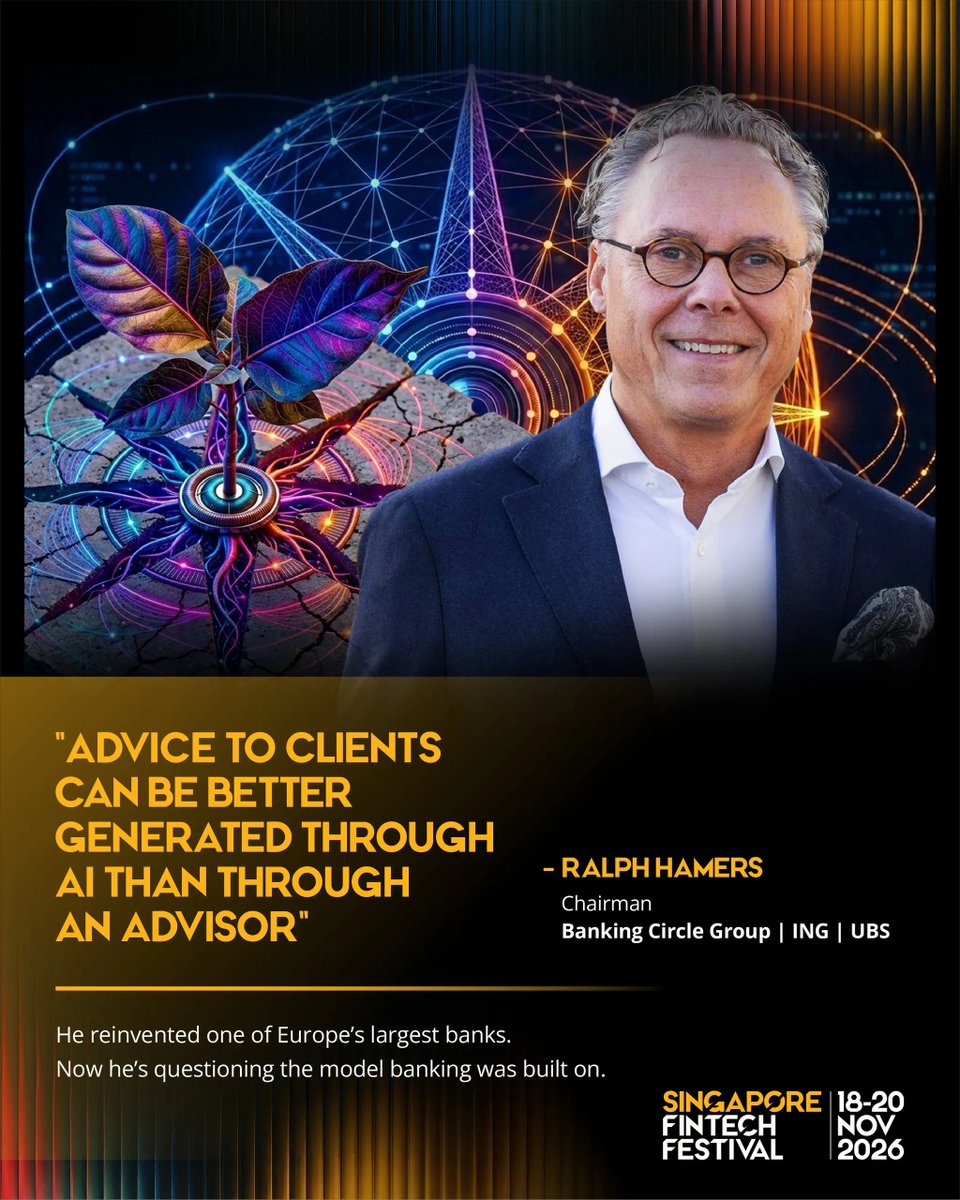 sgfintechfest's tweet photo. What if the biggest AI question for finance isn’t what it can automate, but what it makes obsolete? Advice. Distribution. Customer relationships. AI is redrawing where value sits in finance and the boundaries of the financial institution itself. Ralph Hamers (@BankingCircle) sees where this could lead: financial institutions built increasingly as technology platforms.

At #SFF2026, we want to hear how far he thinks the rewiring goes.

🎟️ Delegate Pass SGD 1,000 until 30 Sept: https://t.co/MN7oJk6Svj

#SingaporeFinTechFestival #SGFinTechFest #SFF2026