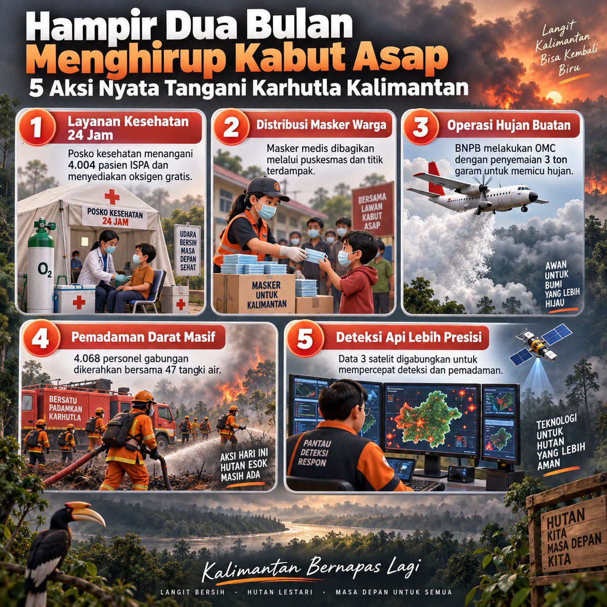 dkdilip's tweet photo. Penanganan karhutla Kalimantan terus berjalan. Dari layanan kesehatan, pembagian masker, operasi hujan buatan, hingga pengerahan ribuan personel, semua dilakukan untuk mengendalikan dampak asap dan api. 

#NegaraTanganiKarhutla https://t.co/kxyiLmFoZx