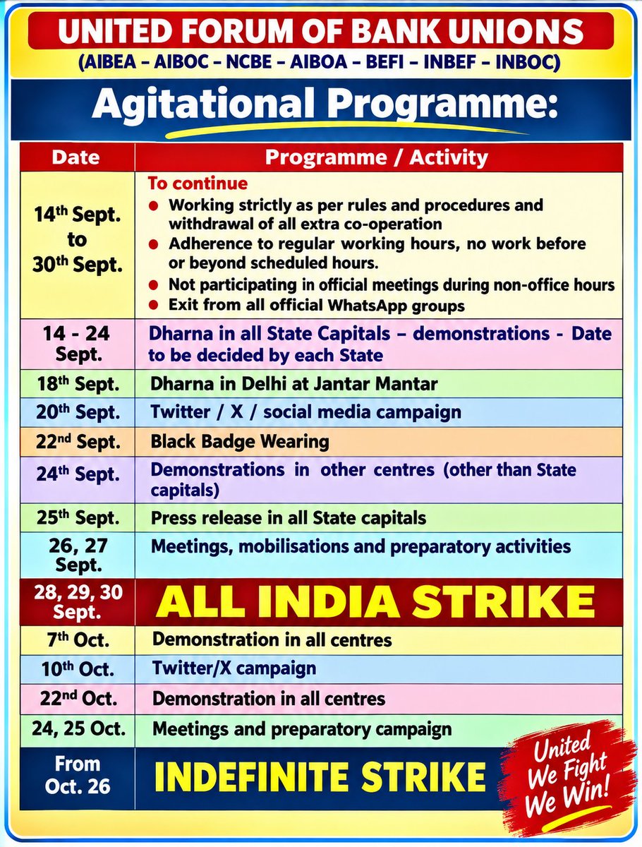 Vitthalraj_mane's tweet photo. THE BATTLE FOR JUSTICE🚩

✊ NOW OR NEVER — BE READY FOR THE 3-DAY STRIKE

📅 28th • 29th • 30th SEPTEMBER 2026

💪 STAND UNITED.
✊ STAND STRONG.
#5daysbanking https://t.co/KatRzSTyvj