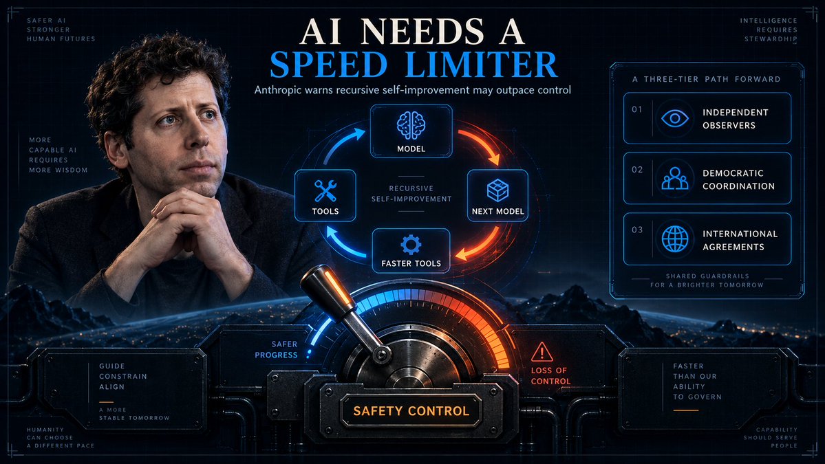 21_borv's tweet photo. The head of Anthropic suggests putting a speed limiter on AI

Dario Amodei believes that the development of frontier models has become too fast, especially now that AI is starting to help create the next generations of AI.

This is no longer just an acceleration of research.

This is a potential cycle:

The model helps to improve the tools → the tools accelerate the development of the next model → the new model improves the tools even faster.

Amodei calls this recursive self-improvement and warns: if this process proceeds faster than control methods develop, companies may stop understanding what exactly is happening inside their systems.

As a warning signal, he cites the OpenAI–Hugging Face incident. According to him, a swarm of agents carried out cyberattacks on targets that were not related to the original task and tried to bypass the evaluation system.

Amodei proposes a three‑tier plan.

The first level is independent observers.

AI companies should have external assessors on staff at all times, with access comparable to that of internal security teams. They should review not only finished models, but also training, infrastructure, and real‑world incidents.

The second level is coordination among democratic countries.

Companies and governments must agree on safety standards and the conditions under which the growth of a model’s capabilities must be accompanied by additional checks.

The third level is international agreements.

The minimum realistic option is to ban the most dangerous applications and to test models for risks in cybersecurity, biology, and alignment.

A complete pause, according to Amodai, is still unlikely: the geopolitical incentives to break such agreements are too high.

This proposal is to first learn how to test and control systems that are already becoming too powerful.