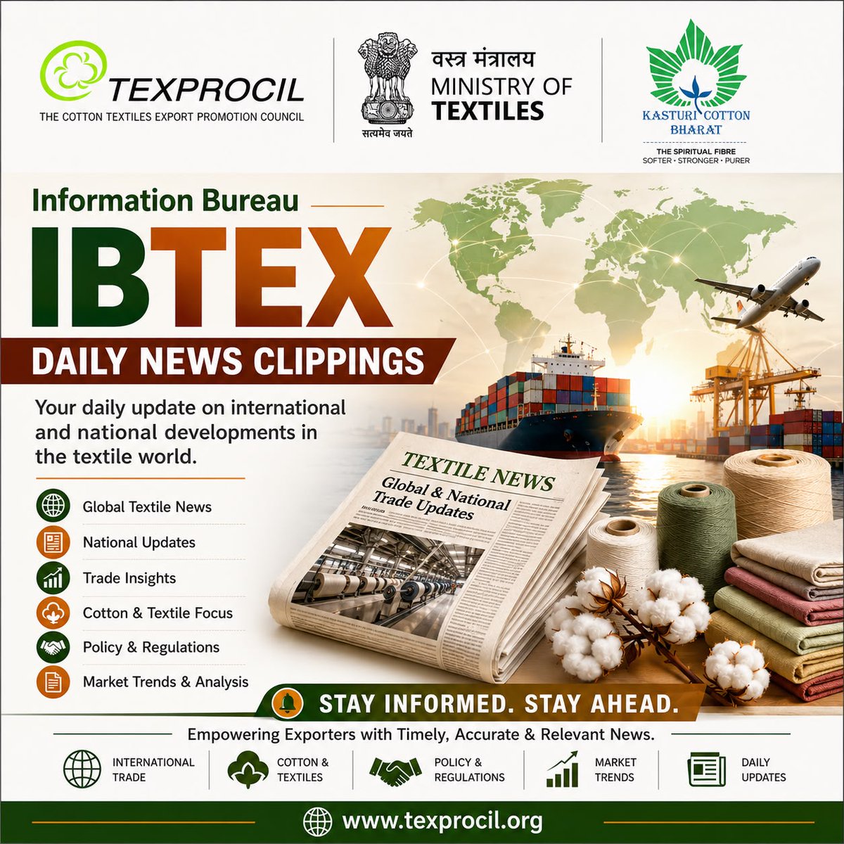 TexprocilIndia's tweet photo. @TexprocilIndia Daily News Clipping, INFORMATION BUREAU (IBTEX) No.: 87 of 2026 | DATE: September 15, 2026
https://t.co/HK3PwUrIL7
#TEXPROCIL #IBTEX #TextileNews #DailyNewsUpdate #CottonTextiles #IndianTextiles #TextileIndustry #TextileExports #ExportNews #GlobalTrade #TradeUpdates #ExportImport #TextileTrade #MadeInIndia #IndiaExports #CottonExports #YarnIndustry #FabricExports #HomeTextiles #GarmentIndustry #TechnicalTextiles #SustainableTextiles #TextileBusiness #TradePolicy #MarketInsights