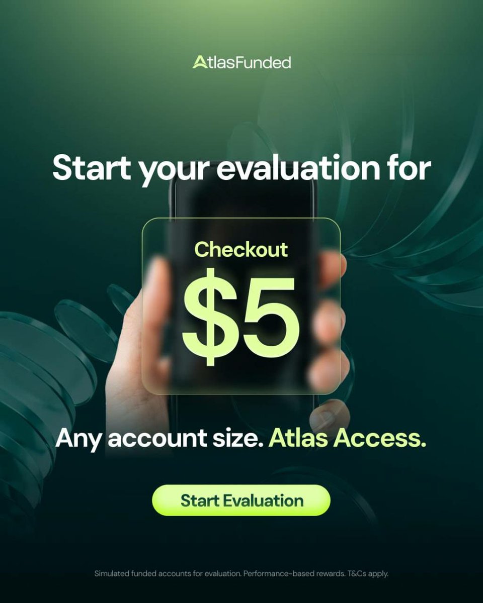 yrockme's tweet photo. Start your evaluation for $5

Any account size, Atlas Access. Only pay after passing. 

Low barrier entry, one shot to Funding.

Also get 50% off discount on other account types using my code: 

Start today. https://t.co/1EjIYJsXeV https://t.co/vDZ2XAQ2KB