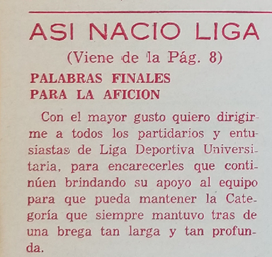 Diegovlmr's tweet photo. Octubre 1973 – Aniversario 55 de LDU
Se publica entrevista al Dr. Rodrigo Jácome Moscoso, primer puntero izquierdo del equipo (jugó entre 1919 –año del primer partido- y 1924) y uno de los “padres fundadores”: “A LIGA LE SIGO SINTIENDO COMO COSA PROPIA”. #HistoriaLDU @LDU_Oficial https://t.co/INU96tWmUz