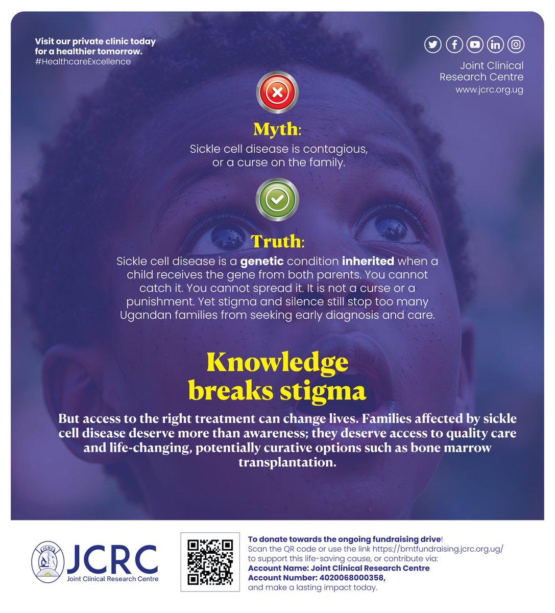jcrc_official1's tweet photo. Myth: Sickle cell is contagious or a curse. ❌
Truth: It's genetic and not caught or spread. ✅

Knowledge breaks stigma. 
Support the ongoing BMT Unit fundraising drive: https://t.co/ML0sfNsniw 💛

#SickleCellAwareness #MythBuster https://t.co/xjjUy4wNkE
