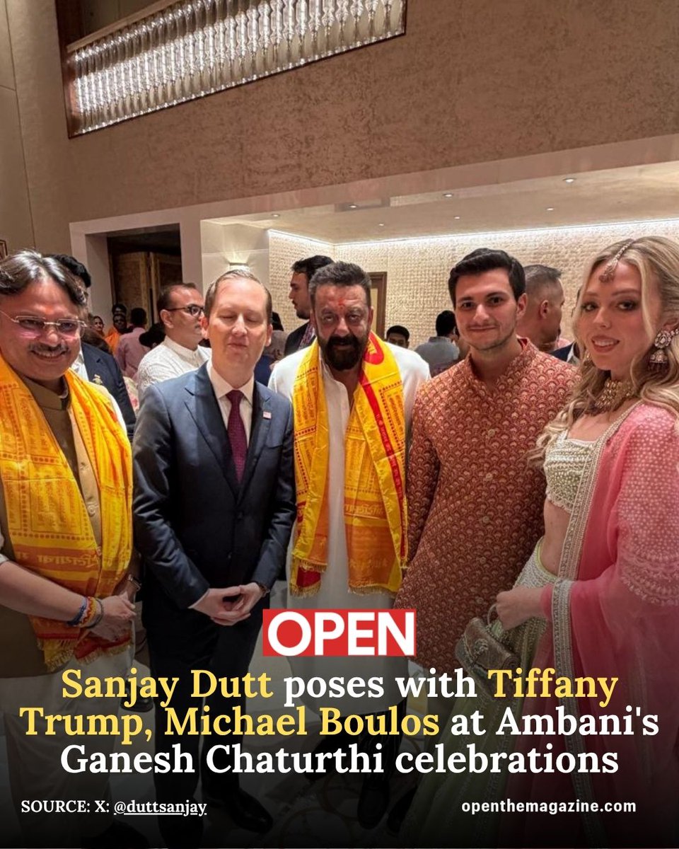 Openthemag's tweet photo. Sanjay Dutt shared a glimpse from his meeting with Tiffany Trump, Michael Boulos and US Ambassador to India Sergio Gor at the Ambani family’s Ganesh Chaturthi celebrations at Antilia in Mumbai.

#SanjayDutt #TiffanyTrump #MichaelBoulos #SergioGor #Antilia #GaneshChaturthi #Ambani #Mumbai #Bollywood #OpenMagazine