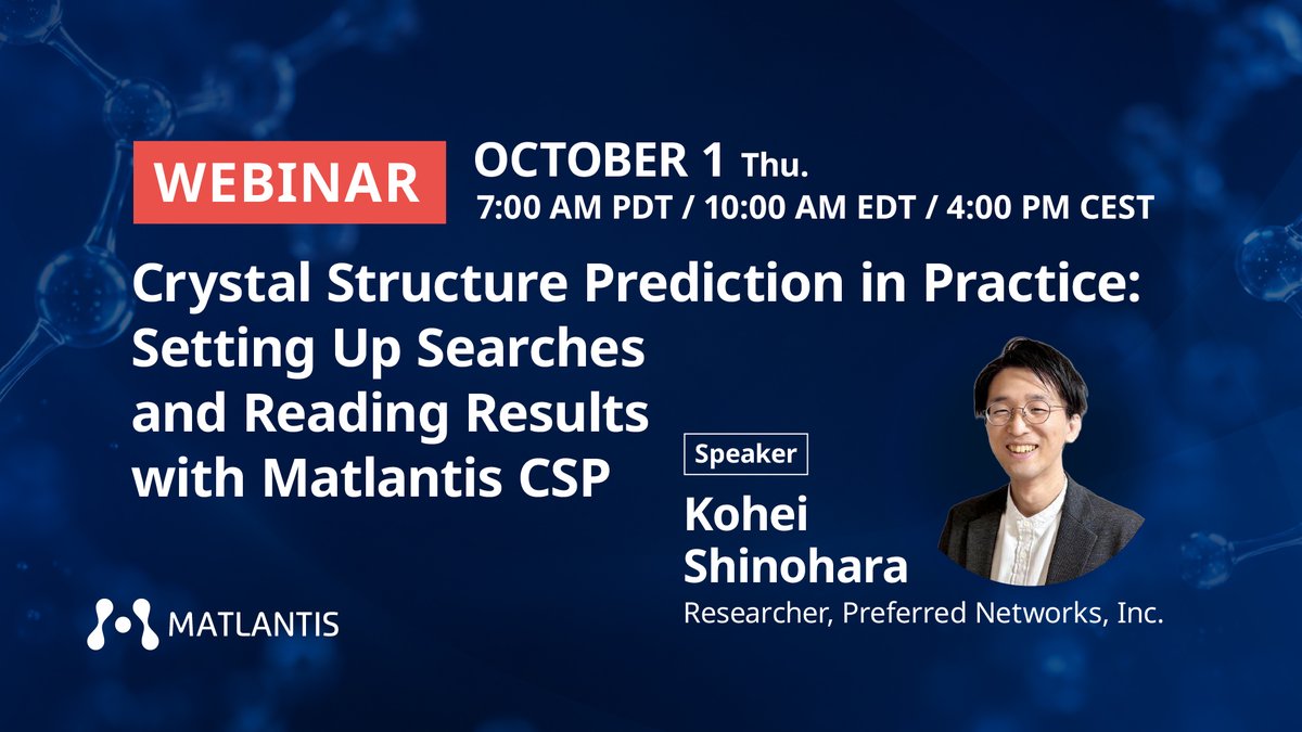 matlantis_en's tweet photo. You're working on a composition with no reported crystal structure. What do you actually do next?

Crystal structure prediction answers that question, but its place in a real project is rarely obvious: at which phase to apply it, and how to read what comes back.

In our next webinar, Kohei Shinohara, a researcher at Preferred Networks involved in the development of Matlantis CSP, presents crystal structure prediction not as the task of running calculations but as a process that supports research decisions. Matlantis CSP runs its searches on Matlantis PFP, a universal machine learning interatomic potential covering 96 elements, so no system-specific model needs to be trained.

⚗️ What the session covers:
- Where CSP fits in early-phase research, while the structure is still undetermined
- Choosing between a global search and a derivative structure search, based on the research objective
- How to design the search conditions
- How to post-analyze results and connect them to experiments and to subsequent steps

📅 Thursday, October 1, 2026
🕒 7:00 AM PDT / 10:00 AM EDT / 3:00 PM BST / 4:00 PM CEST (11:00 PM JST)
💻 Online (Zoom), free to attend

Reserve your seat: 
https://t.co/vi0N4ayNoU
#Matlantis #CrystalStructurePrediction