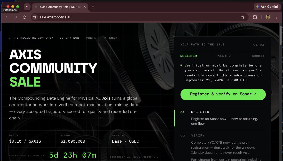 Sadiq_IT24's tweet photo. AXIS COMMUNITY SALE PRE-REGISTRATION IS OPEN

@axisrobotics is opening pre-registration for its $AXIS Community Sale Program, powered by Sonar by @echodotxyz.

Axis is building a Compounding Data Engine for Physical AI on Base.
Since launching in March, the project says it has:

- Generated 5M+ data trajectories
- Onboarded 200K+ contributors
- Reached the Top 2 DApps on Base
- Been featured in Base Batches 003
- Raised $12M from investors

$AXIS Community Sale details:
- Token price: $0.10 per $AXIS
- FDV: $100M
- Total raise: $1M USDC
- Tokens available: 10M $AXIS, equal to 1% of supply
- Allocation: $100 minimum to $100,000 maximum per entity
- Network: Base
- Payment: USDC  
Vesting:
- 10% unlocks at TGE, 6-month cliff
- Remaining 90% unlocks linearly over the following 6 months  

Official sale link: https://t.co/jz4tlxU85x

📝 How to pre-register for the $AXIS Community Sale:
➤ Open the official sale website and click Register
➤ Create a new account or log in with your existing account
➤ You can also continue with Google
➤ On the Echo dashboard, scroll down and select your account type: Personal or Business
➤ Start the identity-verification process
For verification, you will need:
➤ A passport, driving licence, or government-issued ID
➤ Proof of address, such as a utility bill, bank statement, or government-issued letter
➤ Your proof-of-address document must be less than 3 months old
After completing verification, go back to the Axis sale website and check your status.

Complete pre-registration before the commitment window open If the sale is oversubscribed, allocations will be distributed pro-rata. Any unused USDC will be refunded during settlement.

Timeline in SGT / UTC+8:
- Pre-registration: Open now
- Commitment opens: Sep 21, 13:00 SGT
- Commitment closes: Sep 28, 13:00 SGT
- Settlement: Starts after close, target completion Sep 30  
➤ TGE will not happen immediately after the sale. Distribution details will be announced later. Expecting TGE in Q4