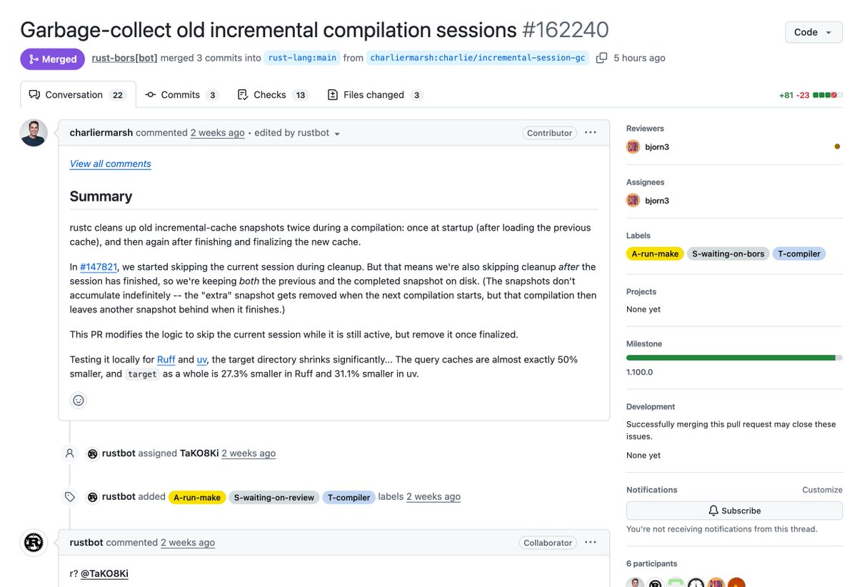 rustaceans_rs's tweet photo. Rustc now properly garbage-collects finalized incremental compilation sessions, roughly halving query cache size and cutting target directories 27–31%, saving substantial disk space. cc: @charliermarsh https://t.co/YsjjmxMVAA