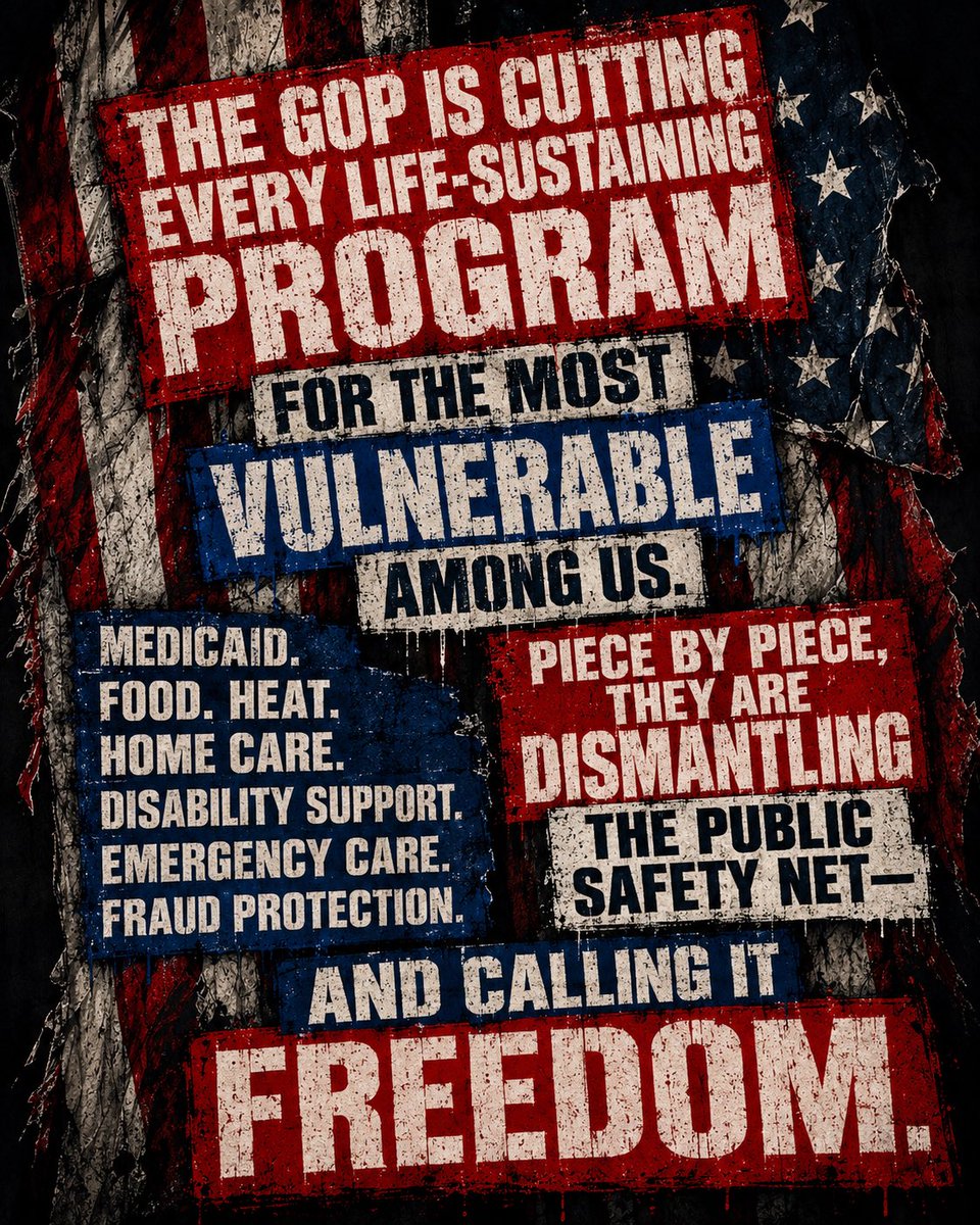 BluFnxResists's tweet photo. The first to die? The elderly, the disabled, the vulnerable. 

Yes. Now I see the point.

The receipts show the GOP is cutting the entire life-support system for vulnerable Americans:

Do you feel me? 

LIHEAP - gone
Public health - gone 
EMS, rural hospital - cuts
Addiction treatment - ⚡️ 

It proves everything I said. I’m not gloating. I’m warning. You. 

healthcare
Medicaid
home care
nursing-home care
disability benefits access
food and nutrition
heating assistance
caregiver support
elder-abuse prevention
fraud protection
emergency medical services
rural hospitals
mental-health care
addiction treatment
public-health monitoring
disability advocacy
accessible voting
special-education support
