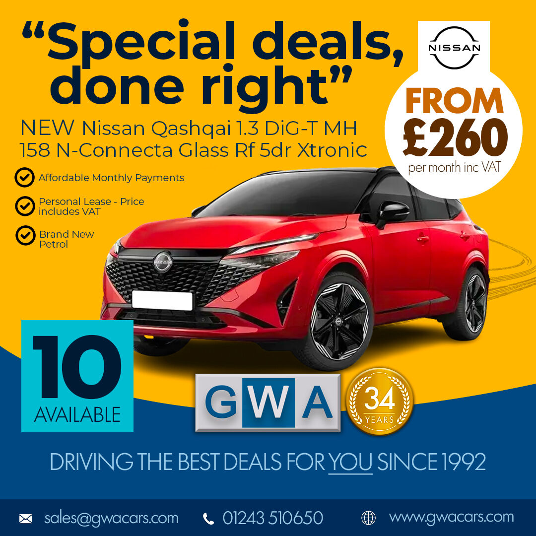 Jamie6167's tweet photo. Looking for the best deal? GWA Cars has a Nissan Qashqai N-Connecta Xtronic from £260/month. Only 10 available at this price. We source any vehicle and offer full after-sales service. Call 01243 510650. https://t.co/GzDYEqzGii