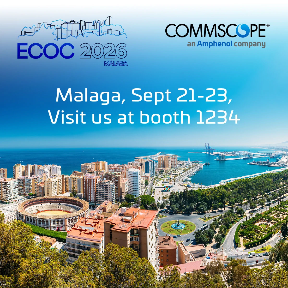 Aerial view of Malaga's coastline with city buildings and a bullring, promoting the ECOC 2026 event Sept 21-23 and Commscope booth 1234.