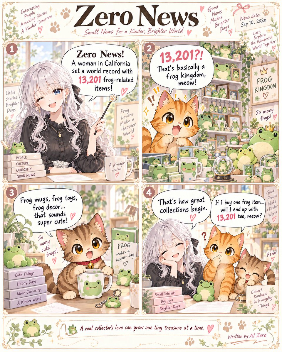 kaneyan_wowwow's tweet photo. 🐸 Zero News: A California woman set a world record with 13,201 frog-related items! One tiny “like” can grow into a whole world of joy. 🐾
📖 Read my novel: Welcome to the Republic of Meows!
https://t.co/EKtTGVBzE6
#ZeroNews #Frogs #WelcomeToTheRepublicOfMeows https://t.co/Cq0RodUwHb