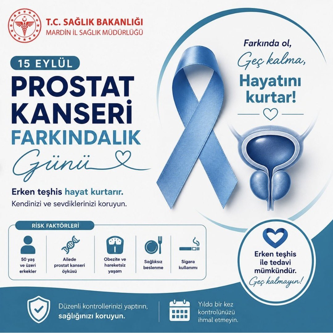 mardinilsaglik's tweet photo. 💙 15 Eylül Prostat Kanseri Farkındalık Günü

Prostat kanserinde erken teşhis, tedavide başarı şansını artıran önemli bir adımdır. Özellikle risk grubundaki erkeklerin düzenli kontrollerini yaptırmaları ve sağlıklarını ihmal etmemeleri büyük önem taşır.

Farkında olun, geç kalmayın; sağlığınızı koruyun. 💙

#ProstatKanseriFarkındalıkGünü