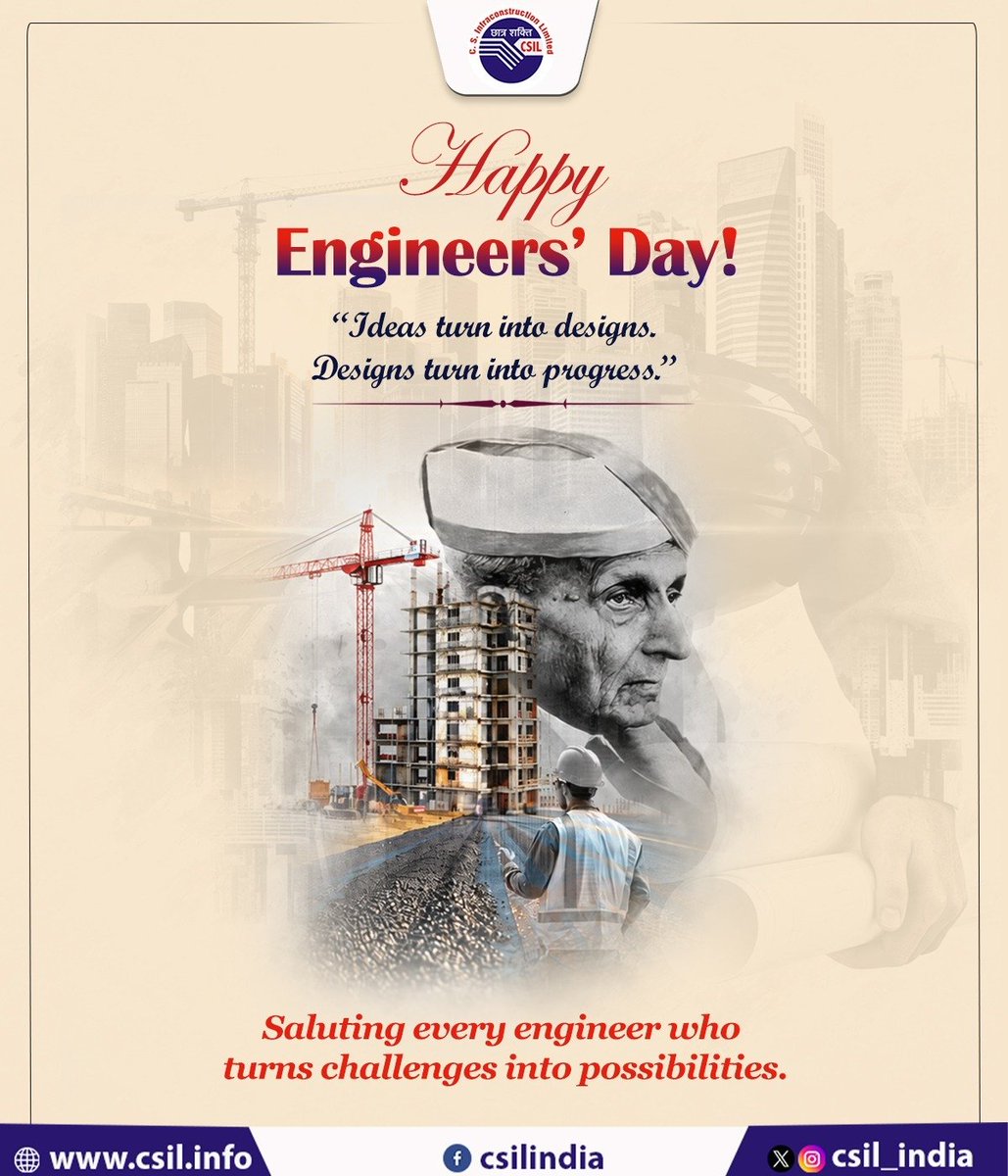 csil_india's tweet photo. 👷♂️ Happy Engineers’ Day! 🇮🇳
Celebrating the vision, innovation, and dedication of every engineer who turns ideas into designs and challenges into possibilities. 🏗️✨
Saluting the minds that build the future!
#EngineersDay #HappyEngineersDay #CSIL #Infrastructure https://t.co/O7PF82KP4m