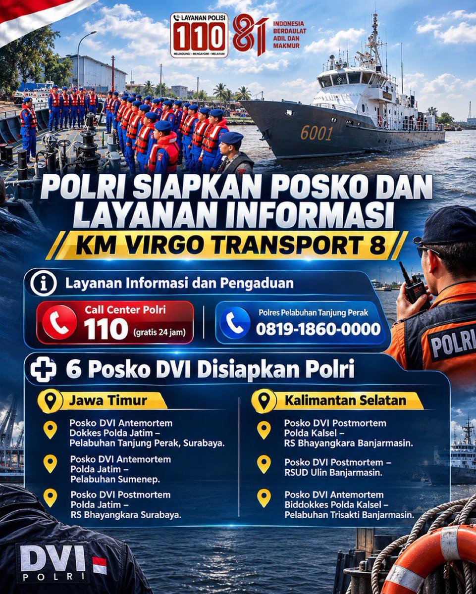 Res1Tulungagung's tweet photo. Polri membuka layanan informasi dan pengaduan bagi keluarga penumpang KM Virgo Transport 8 yang mengalami insiden di perairan Tanjung Selatan, Kalimantan Selatan, sekitar Pulau Masalembu. 

Polri #SiagaHadapiBencana dan Terus Berkomitmen Percepat Pemulihan Kondisi Indonesia https://t.co/nc845k35tg