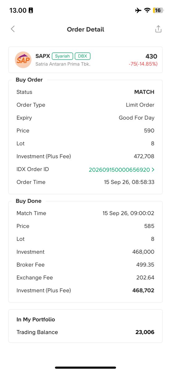 happenfed's tweet photo. Btw guys buat dapet saham ini tuh aku masih pake screener lama aku yaa dan aku cek di jam 8:58 tadi muncul sapx. Baru aku order, tapi biasanya aku scalping cepet karena takut dibanting 😭😭

Aku order 8:58 matchnya jam 9:00
Caraku order biar dapet biasanya aku tambahin beberapa tik dari nilai iep

*btw yg muncul di screener ga selalu saham fundanya bagus ya, jadi kalo kalian tipe yg gasuka sama saham gorengan bisa banget tambahin value di screenernya 🙃

Cara ini juga berlaku pas beli jecc kapan hari 🤞🏼