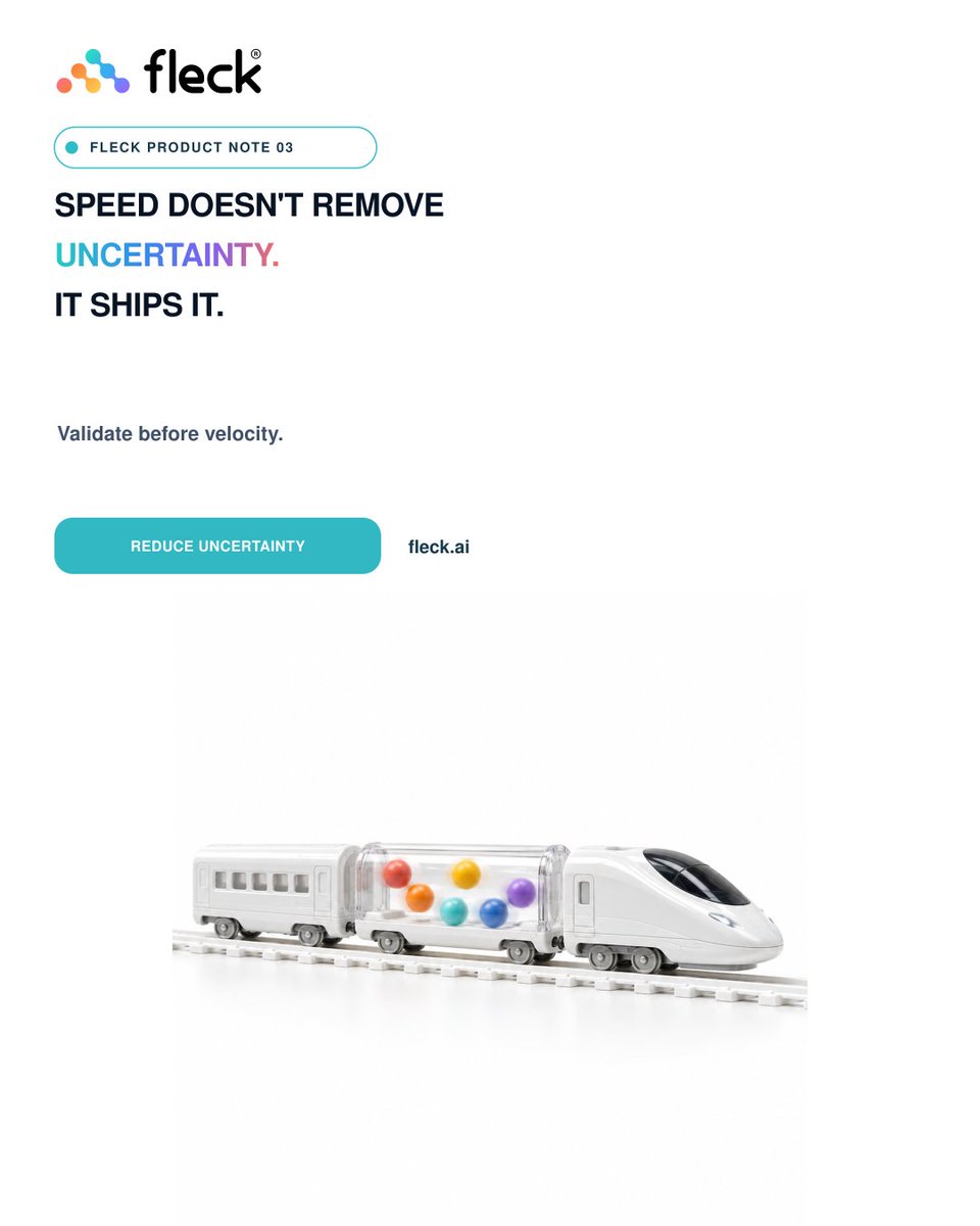 Fleck_AI's tweet photo. Moving faster is useful only when the direction is clear. Otherwise, speed turns unresolved assumptions into polished output.
Fleck helps teams validate the idea, expose risks and reduce uncertainty before accelerating delivery.
https://t.co/WjZGBO35lY
#Fleck #FleckAI https://t.co/9K3Z1tbvfW