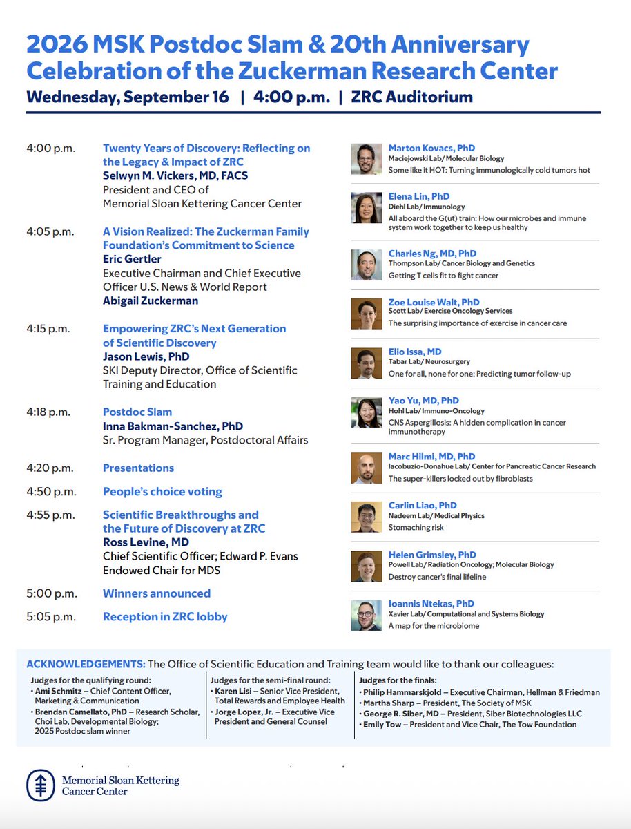 MSKEducation's tweet photo. 🎉 The MSK Postdoc Slam is extra special this year as we celebrate the 20th Anniversary of the Zuckerman Research Center! @MSKCancerCenter, join us today at 4PM for a showcase of postdoc research, creativity &amp; discovery. Let’s celebrate science &amp; 20 years of impact together! 🎤✨ https://t.co/55wQJrJAAC