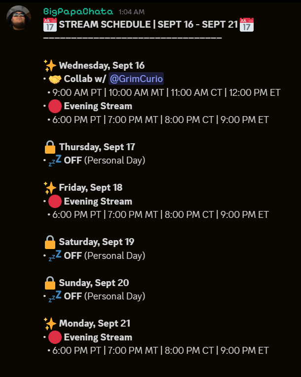 BigPapaChata's tweet photo. Hey all heres is this weeks stream schedule! come on out and show some love! https://t.co/nw9vF5bvBQ