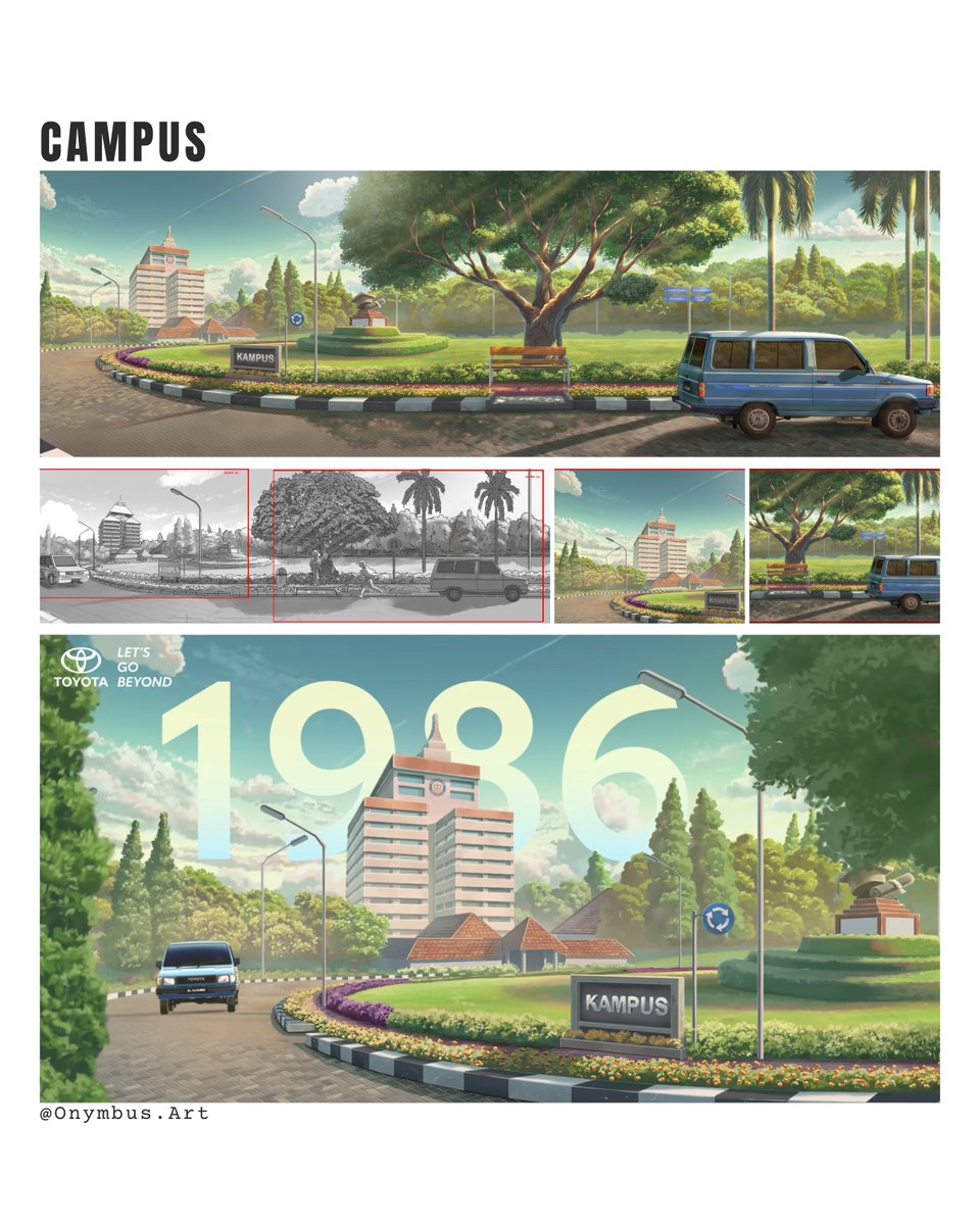 onymbus's tweet photo. it was an honor to be part of the team with @cuatrodiacreative(on Intagram) ito work on the background art for the Toyota ID animation: Together Forever (2025).

Worked on two scenes: the Campus and Blok M areas, set in 1977.
#toyota #toyotaanimation #conceptart #backgroundart https://t.co/OBlFecXn9n
