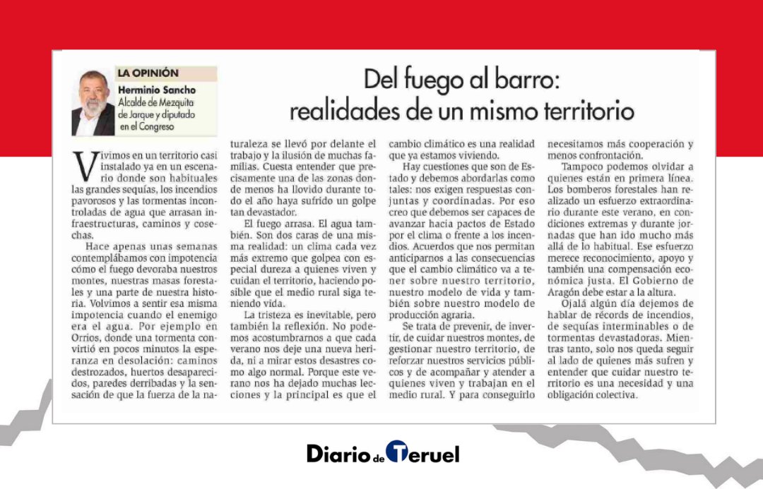 TeruelPSOE's tweet photo. ✒️ Artículo de opinión del alcalde de Mezquita de Jarque y diputado en el Congreso @sancho_herminio publicado en @diariodeteruel 

"Se trata de prevenir, de invertir, de cuidar nuestros montes... Y para conseguirlo necesitamos más cooperación y menos confrontación" https://t.co/FdqUFRb4Q4