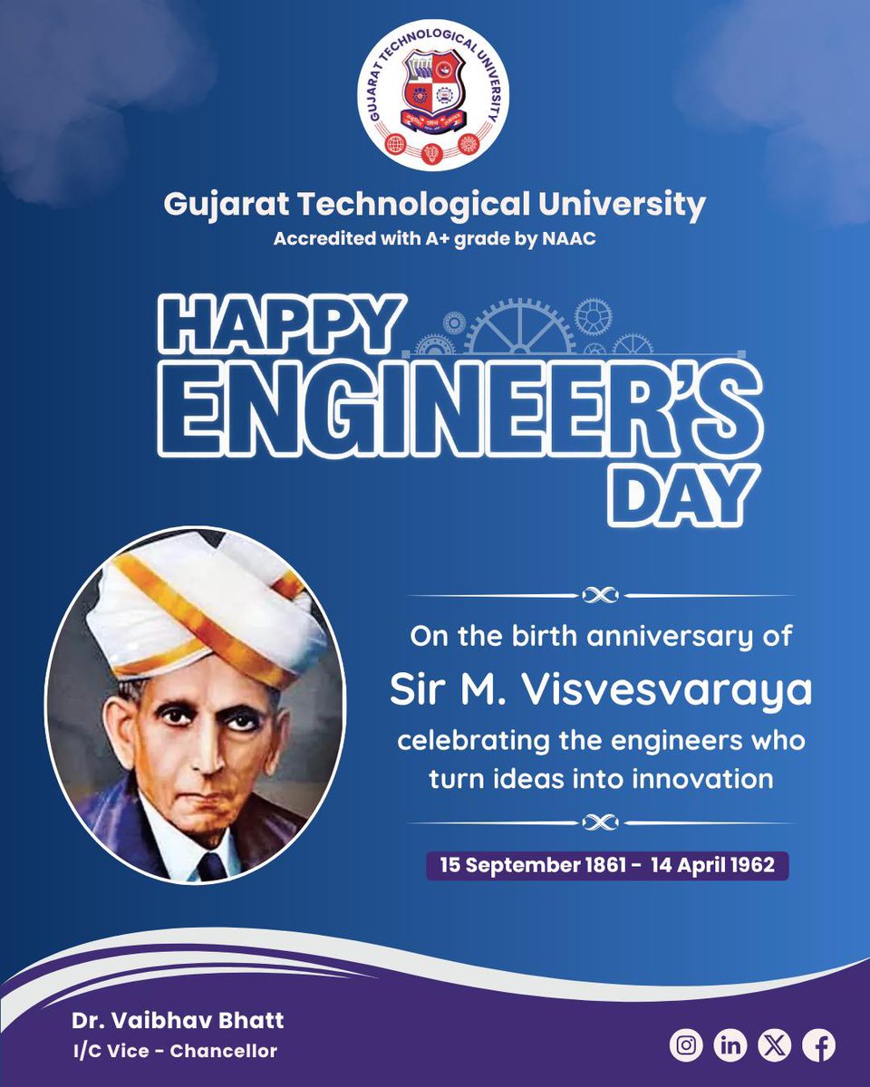 gtuoffice's tweet photo. ⚙️ Celebrating engineering, innovation &amp; progress!

On the birth anniversary of Sir M. Visvesvaraya, GTU wishes all engineers a Happy Engineers’ Day! May we continue to innovate, create and build a better tomorrow. 

#EngineersDay #SirMV #GTU #Innovation https://t.co/iUPqYRSjV0