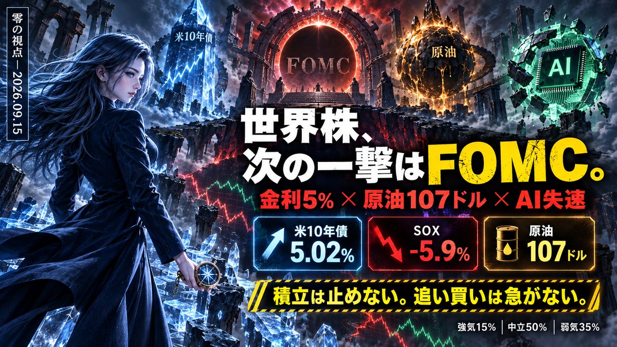 328351km's tweet photo. 【世界株、次の一撃はFOMC。】

金利5%。原油107ドル。SOX−5.9%。
それでも反発を追いかける？
……ずいぶん勇敢なのね。

でも、新NISAの積立まで止める必要はない。

積立は継続。追加投資は分割。
信用・レバレッジは封印。

相場に必要なのは予言じゃない。
強気・中立・弱気――3つへの備えよ。

――九条レイ「零の視点」

#世界株 #新NISA #FOMC