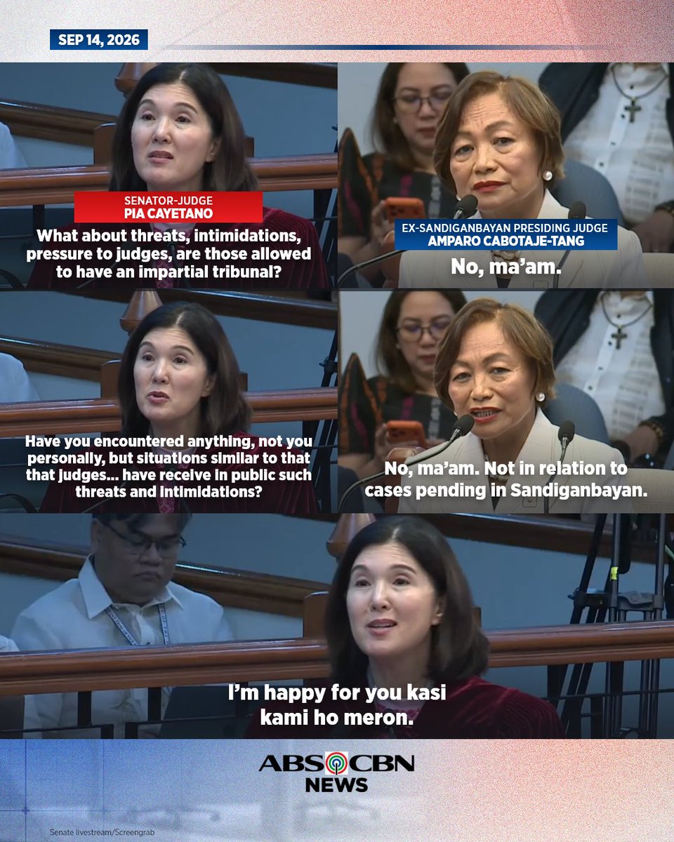 ABSCBNNews's tweet photo. "KASI KAMI HO MERON"

Masaya si Senator-judge Pia Cayetano para kay ex-Sandiganbayan presiding judge Amparo Cabotaje-Tang dahil hindi siya nakatatanggap ng mga pagbabanta at intimidasyon—kaiba sa aniya'y nararanasan ng ilang senador. https://t.co/KHF4fVpDW1