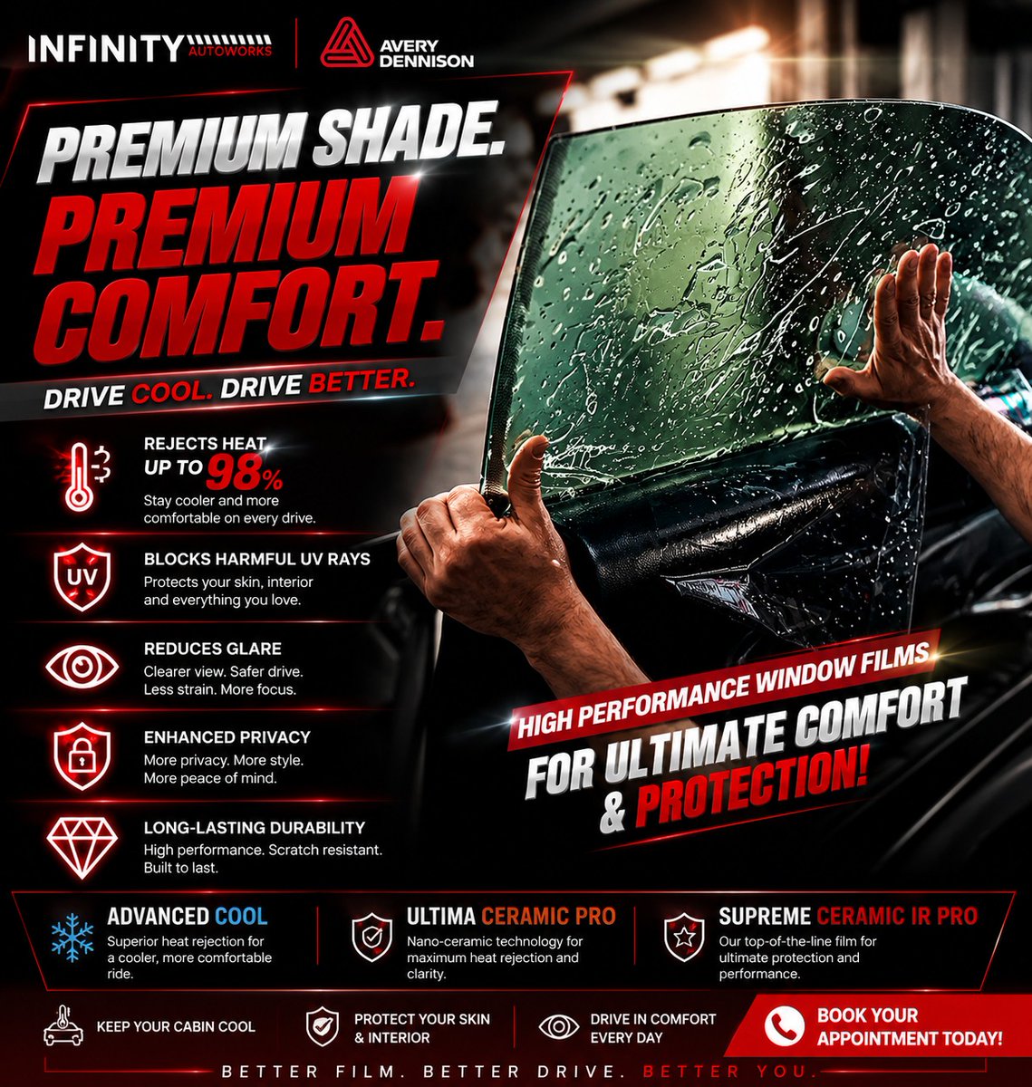 SeleneOOR's tweet photo. Premium shade. Premium comfort. Upgrade your drive with Avery Dennison Automotive Window Films for cooler cabins, UV protection, reduced glare, enhanced privacy, and lasting performance. Available at Infinity Autoworks. https://t.co/zgW8uOSrrM
