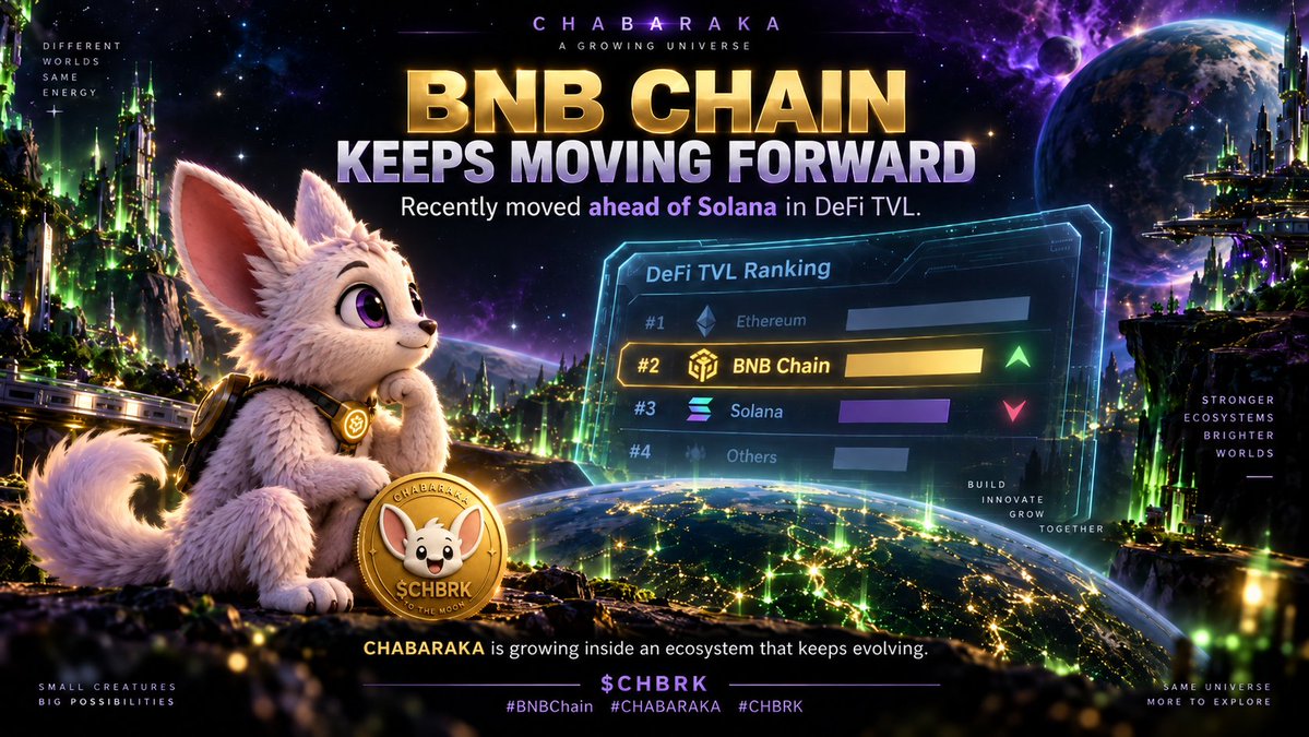 ChabarakaToken's tweet photo. BNB Chain keeps moving forward. 🟡
BNB Chain has recently moved ahead of Solana in DeFi TVL, strengthening its position as one of the largest DeFi ecosystems by value locked.
Seeing the network continue to grow is genuinely great news for every project building on it.
CHABARAKA is still small, but we’re happy to be growing inside an ecosystem that keeps evolving.
Back to building. 🌌
$CHBRK
#BNBChain #CHABARAKA #CHBRK
@BNBCHAIN @cz_binance