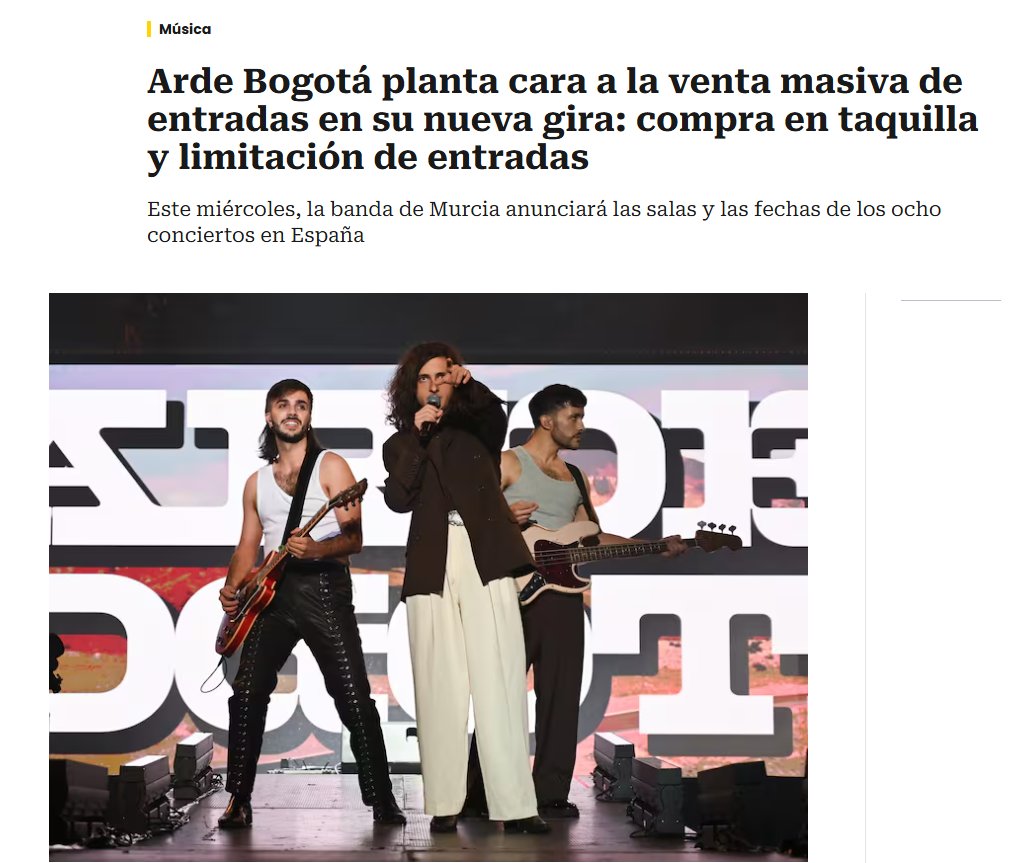 antonello's tweet photo. La organización terrorista conocida como Arde Bogotá ha hecho algo interesante para próxima gira: no habrá entradas online.

Los masocas amantes de su música tendrán que ir físicamente hasta una sala y hacer cola para poder comprar como máximo dos entradas: perjudica a quien vive lejos del sitio del concierto, pero imposibilita la compra automatizada con bots para reventa.